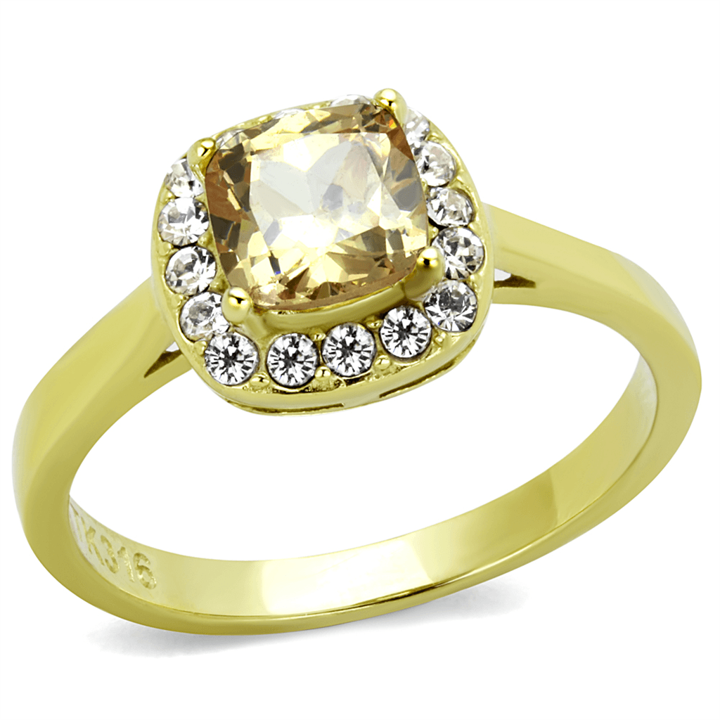 Stainless Steel Gold IP Champagne Cushion CZ Halo Ring