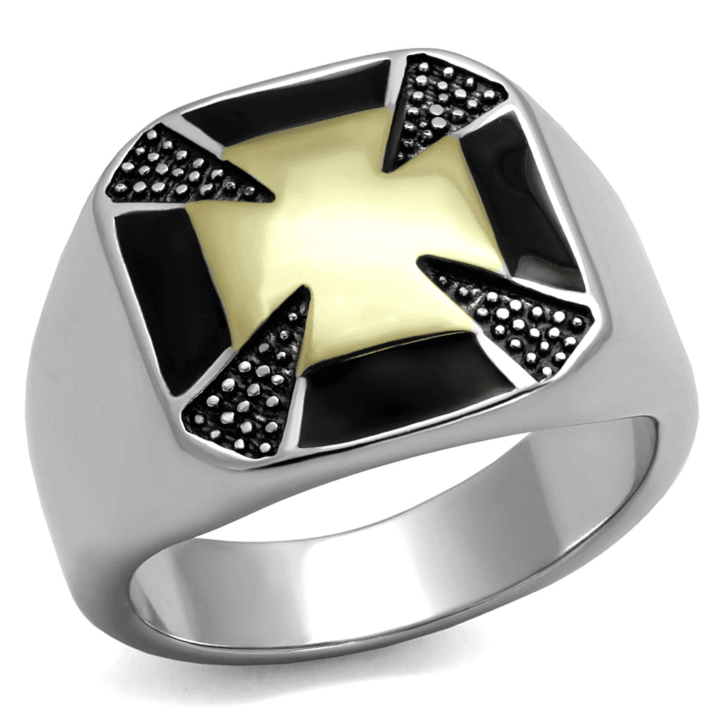 Stainless Steel Gold IP Black Onyx Enamel Iron Cross CZ Pave Ring