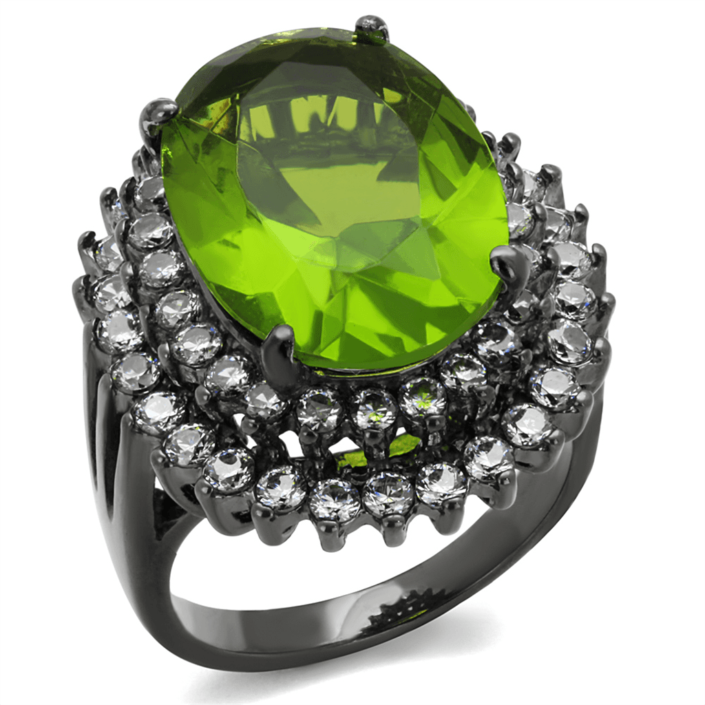 Stainless Steel Green Peridot Oval CZ Halo Black IP Ring
