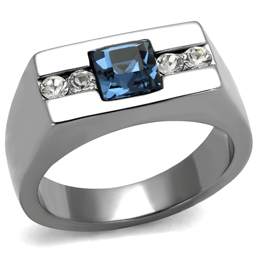 Stainless Steel Light Blue CZ Princess Channel Mens Ring