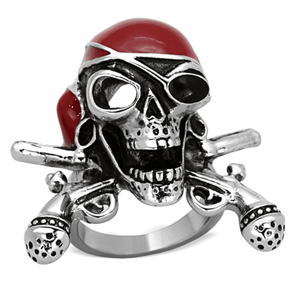 Stainless Steel Pirate Skull Red Bandana Crossbones Ring
