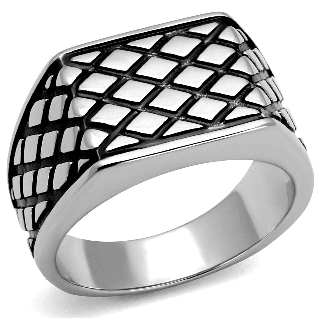 Stainless Steel Silver Polished Cross Hatch Lattice Wide Ring