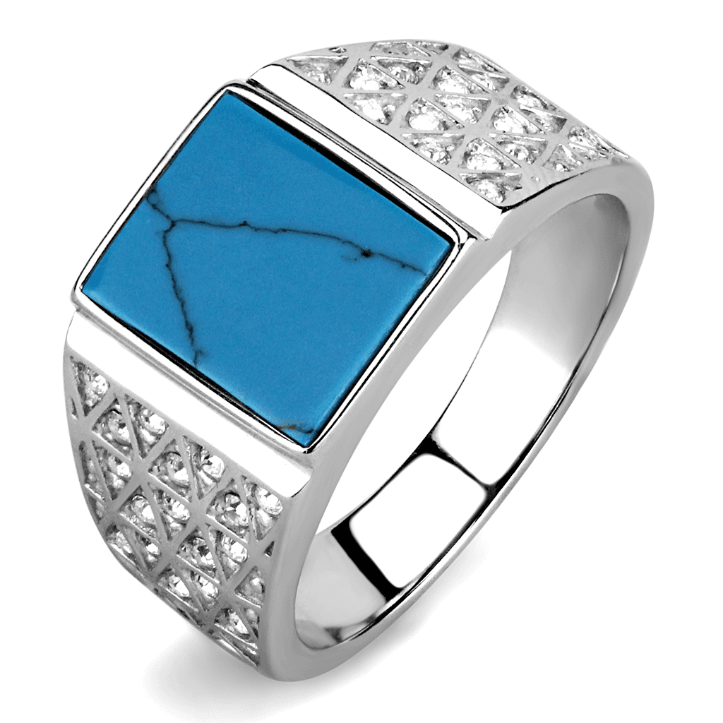 Stainless Steel Turquoise Inlay Square CZ Pave Signet Ring