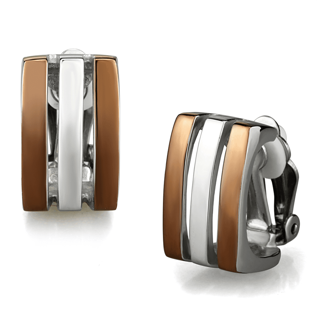 Stainless Steel Two Tone Coffee Brown Silver Stripe Earrings