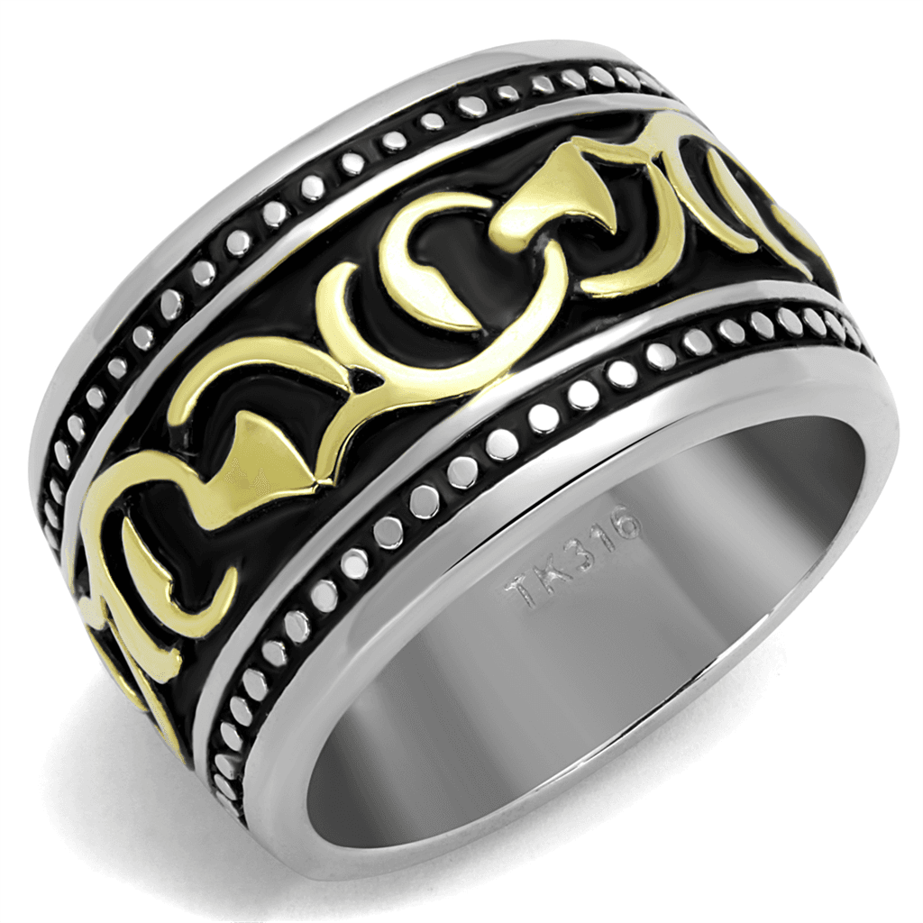 Stainless Steel Two Tone Gold Fleur De Lis Scroll Wide Band Ring