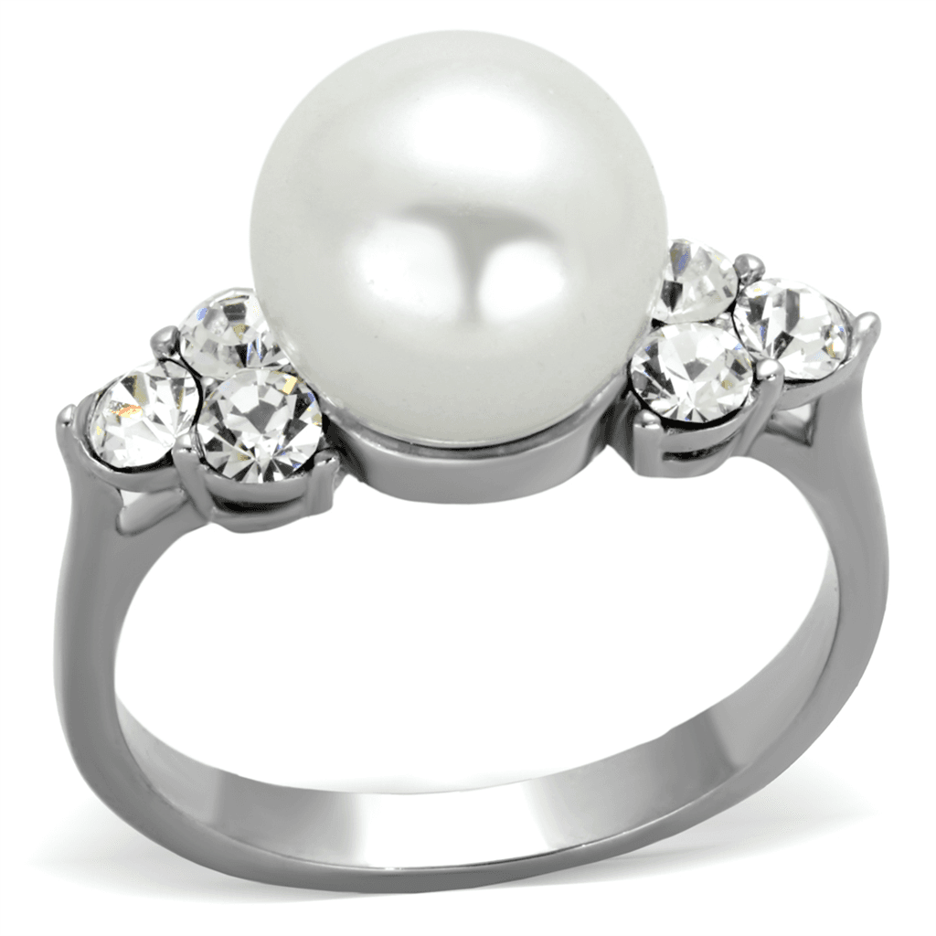 Stainless Steel White Pearl CZ Side Accent Ring