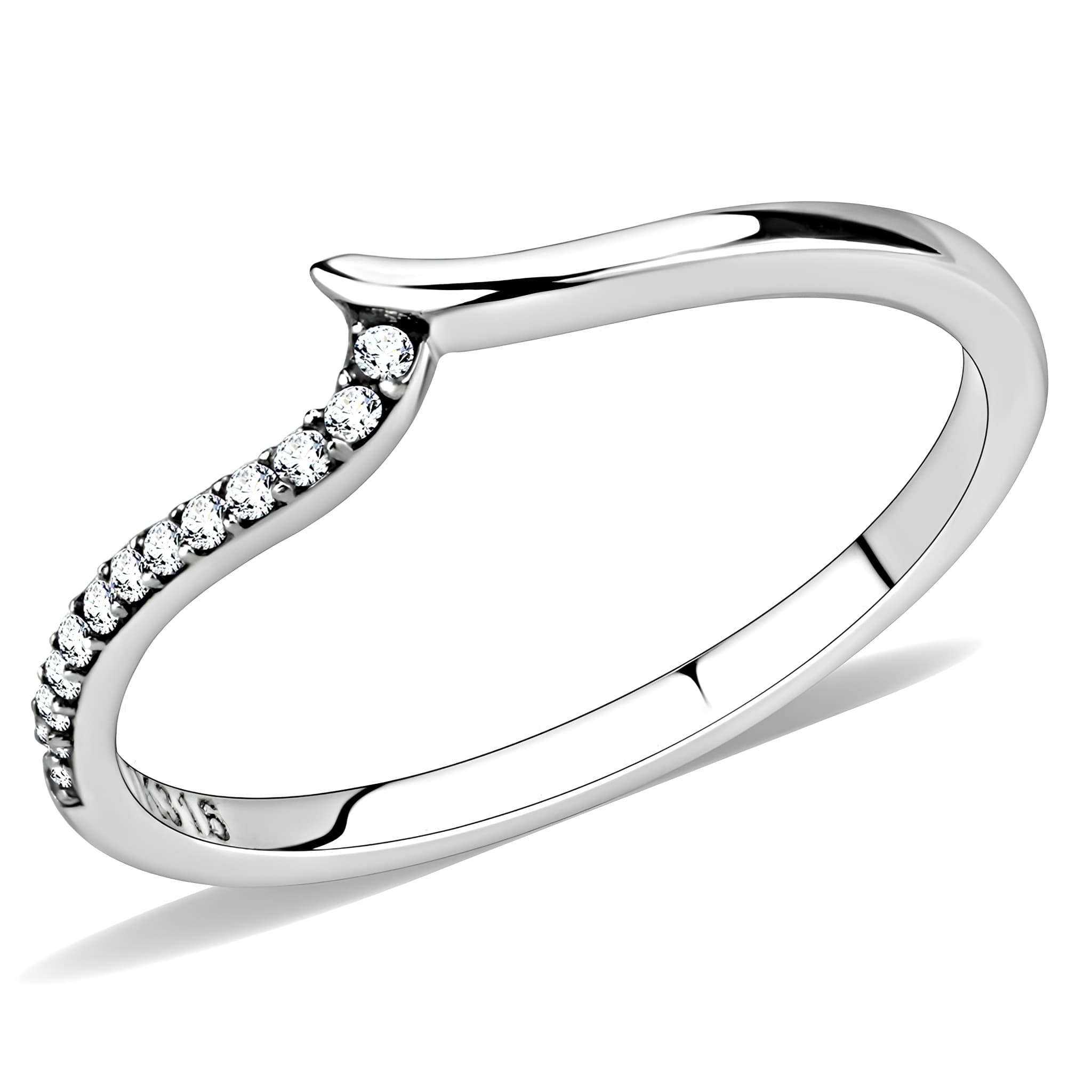 Stainless Steel CZ Pave Slim Wave Contour Band Ring