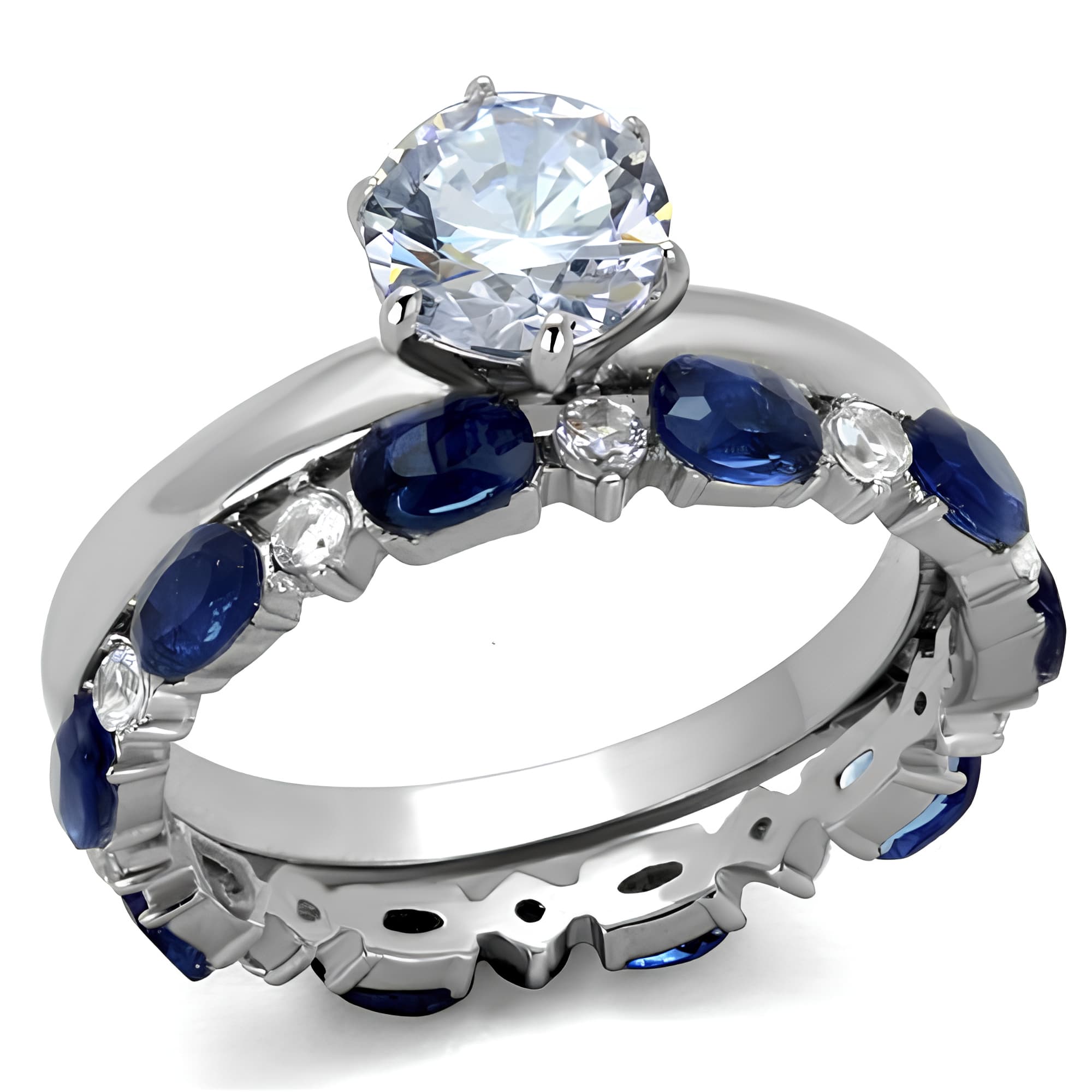 Stainless Steel CZ Heart Blue Sapphire Marquise Eternity Ring