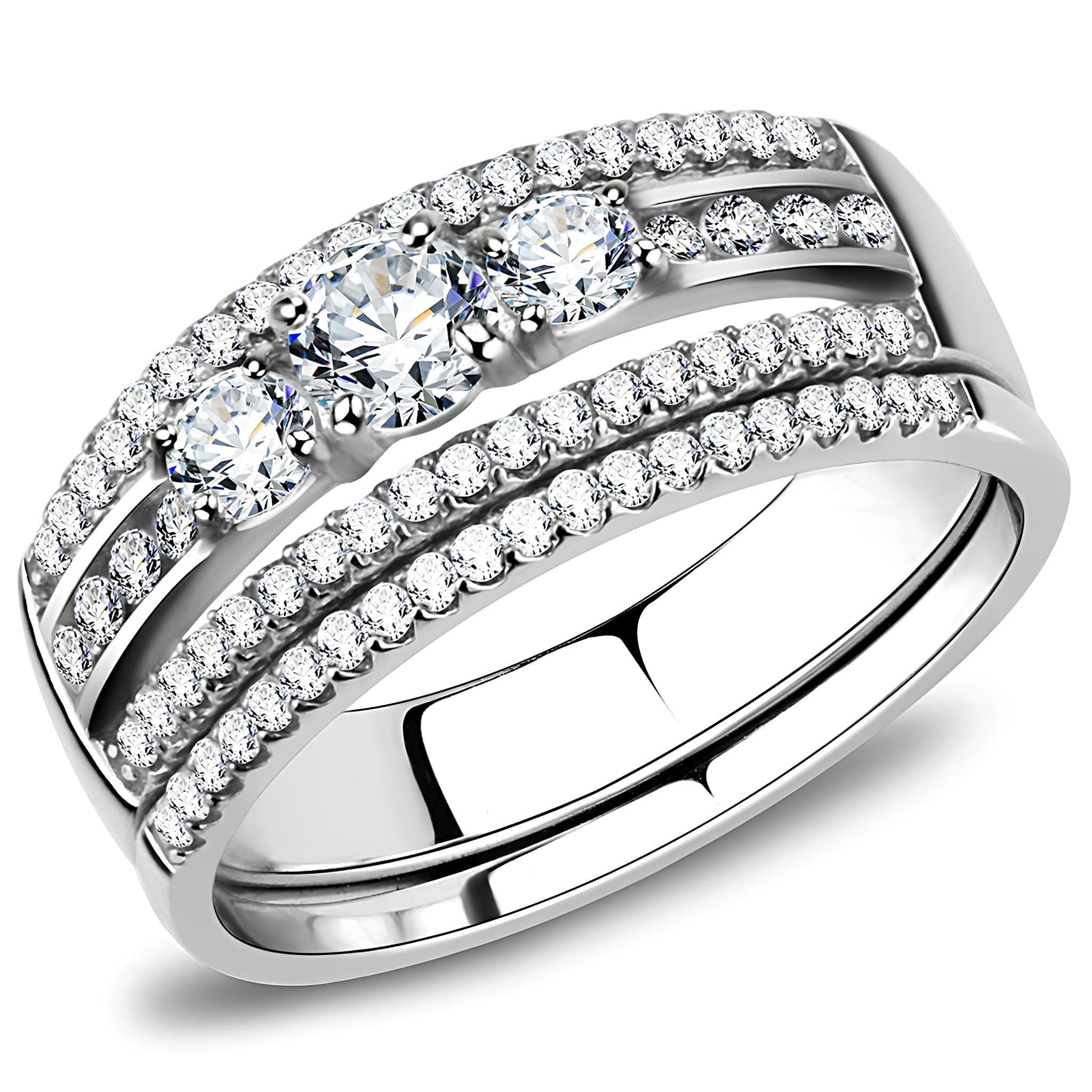 Stainless Steel CZ Round Triple Band Bridal Set Ring