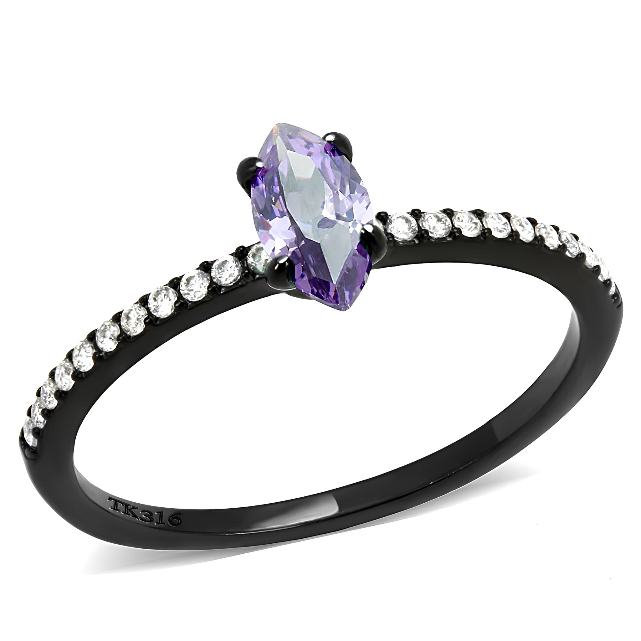 Stainless Steel Black IP Lavender CZ Marquise Pave Ring