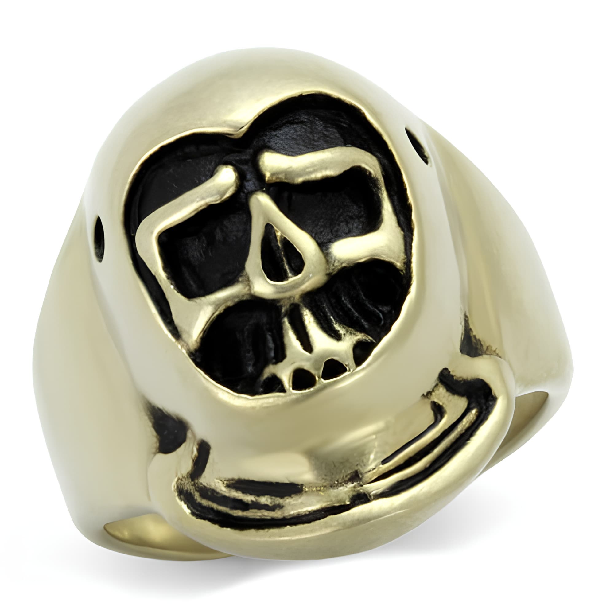 Stainless Steel Antiqued Brass Skull Hooded Reaper Ring