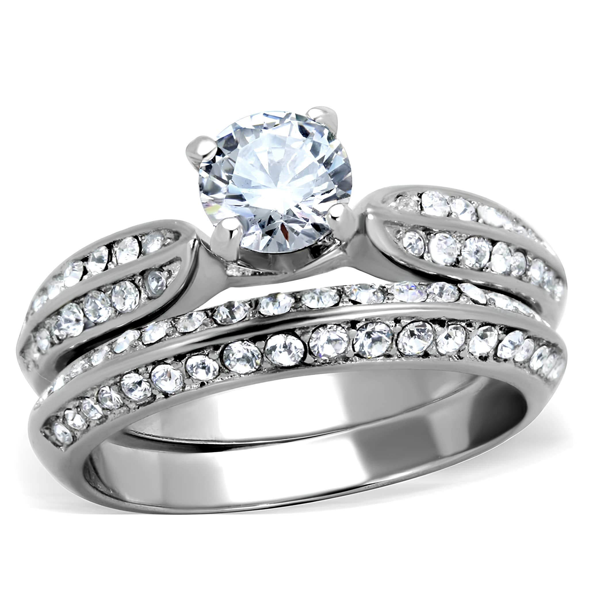Stainless Steel CZ Wide Pave Three Ring Bridal Set