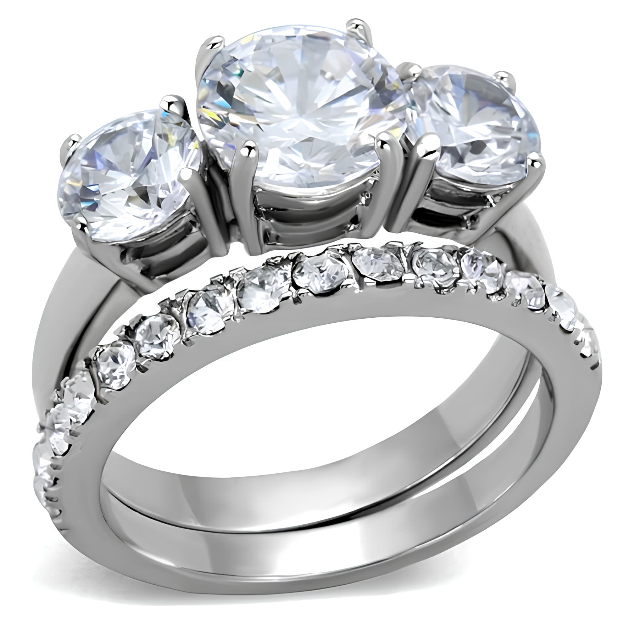 Stainless Steel CZ Three Stone Round Pave Bridal Set Ring