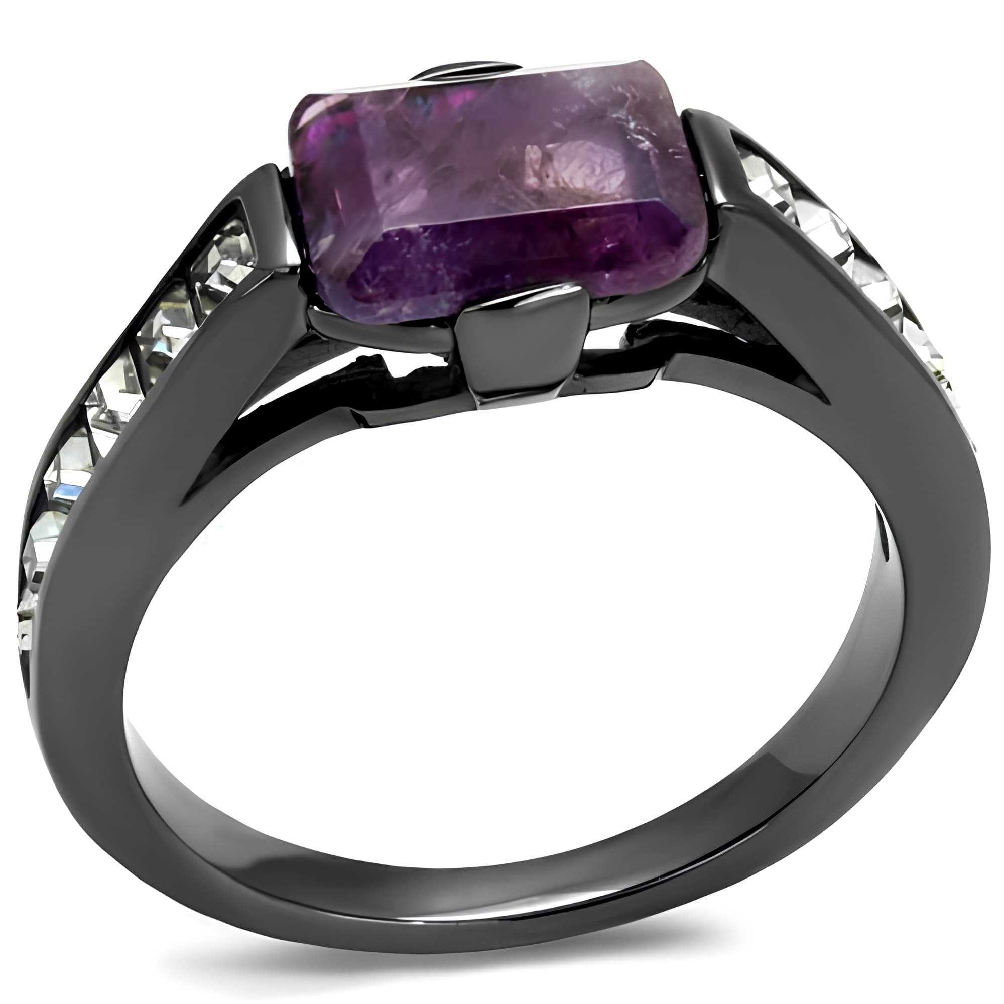 Stainless Steel Amethyst Purple Natural Stone Emerald Cut Ring