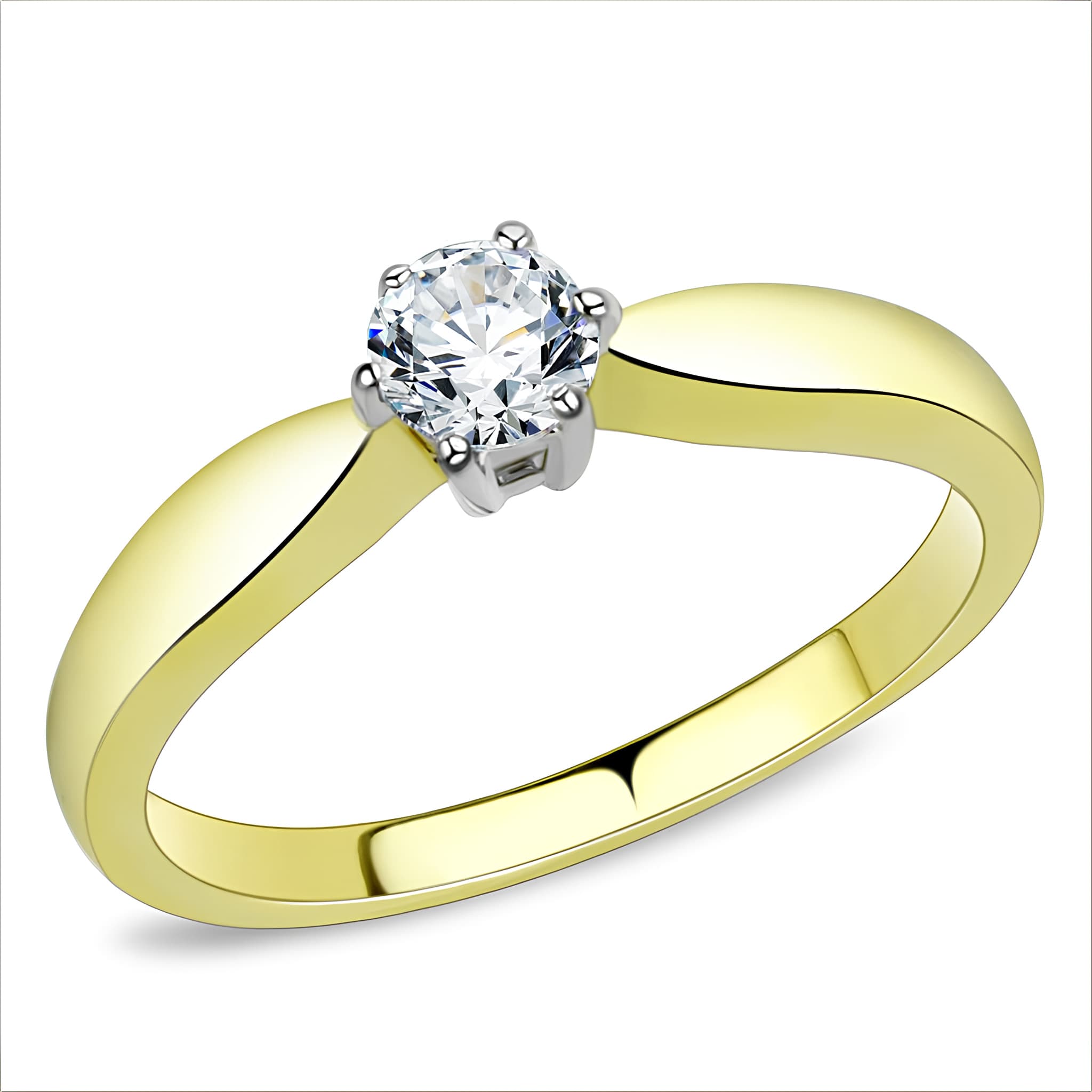 Stainless Steel Gold IP CZ Round Six Prong Bezel Solitaire Ring