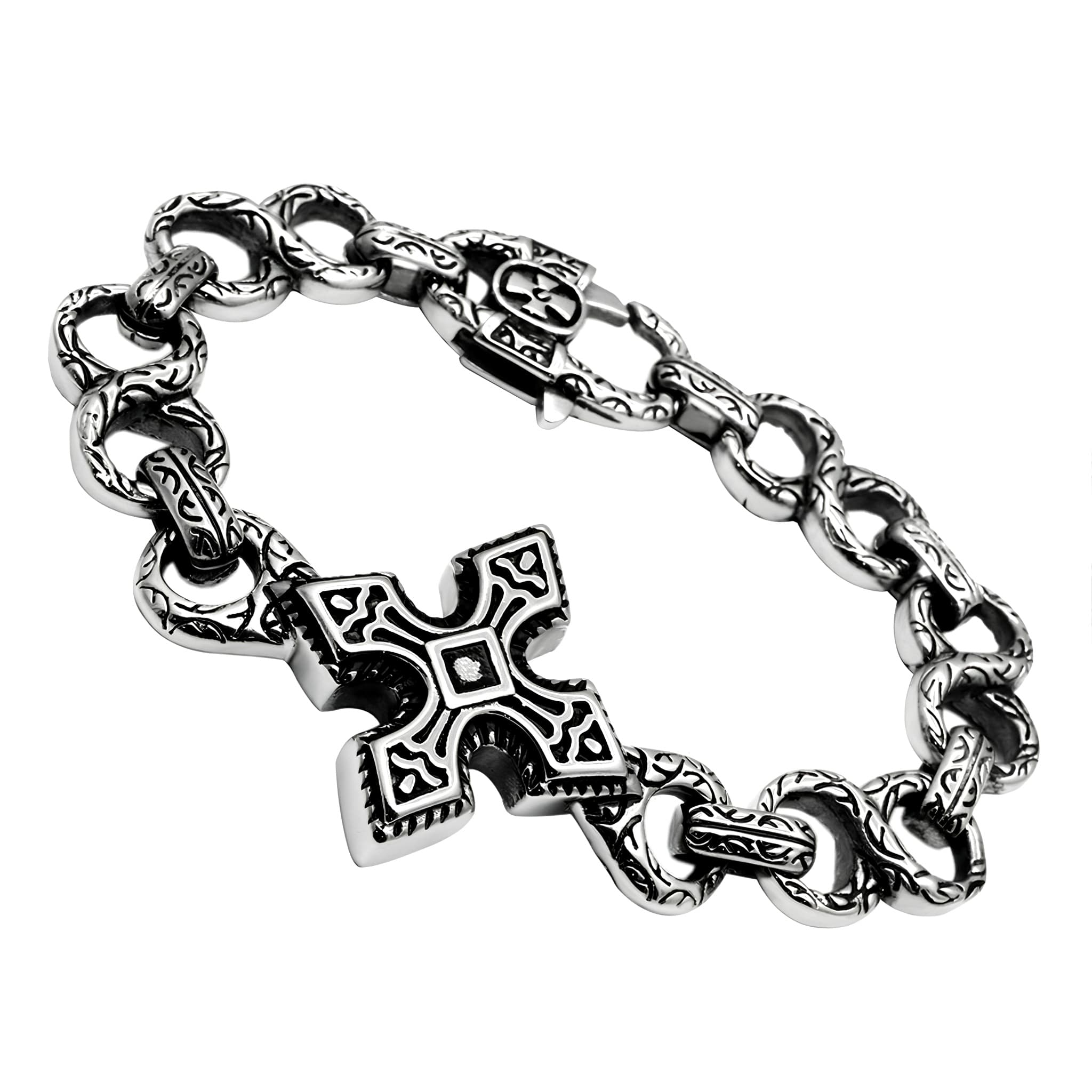 Stainless Steel Silver Celtic Cross Link Chain Mens Bracelet