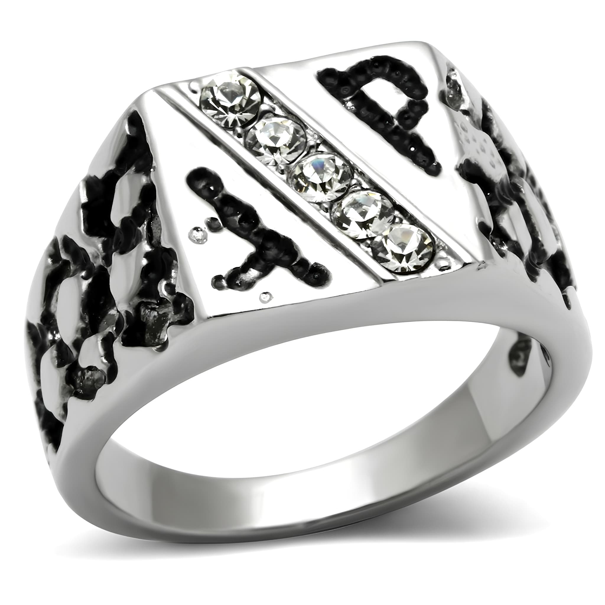 Stainless Steel Silver CZ Chi Rho Christian Symbol Mens Ring
