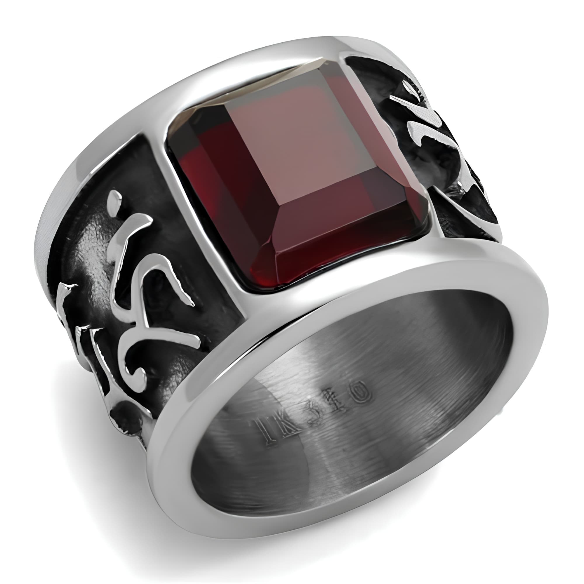 Stainless Steel Dark Red Garnet Emerald Cut Tribal Scroll Ring