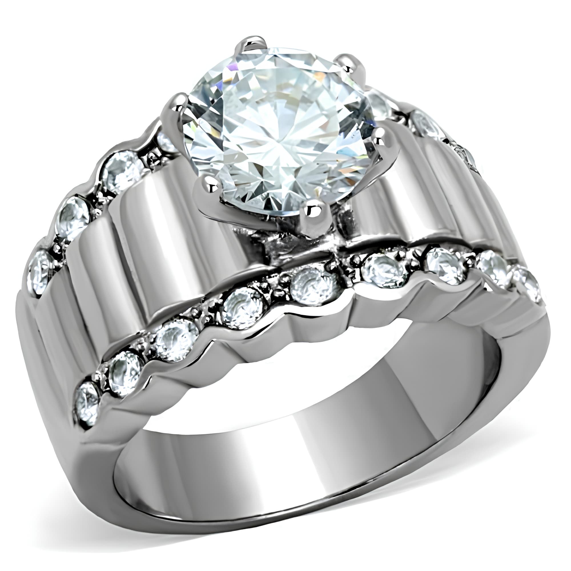 Stainless Steel CZ Round Channel Bridal Three Band Set Ring