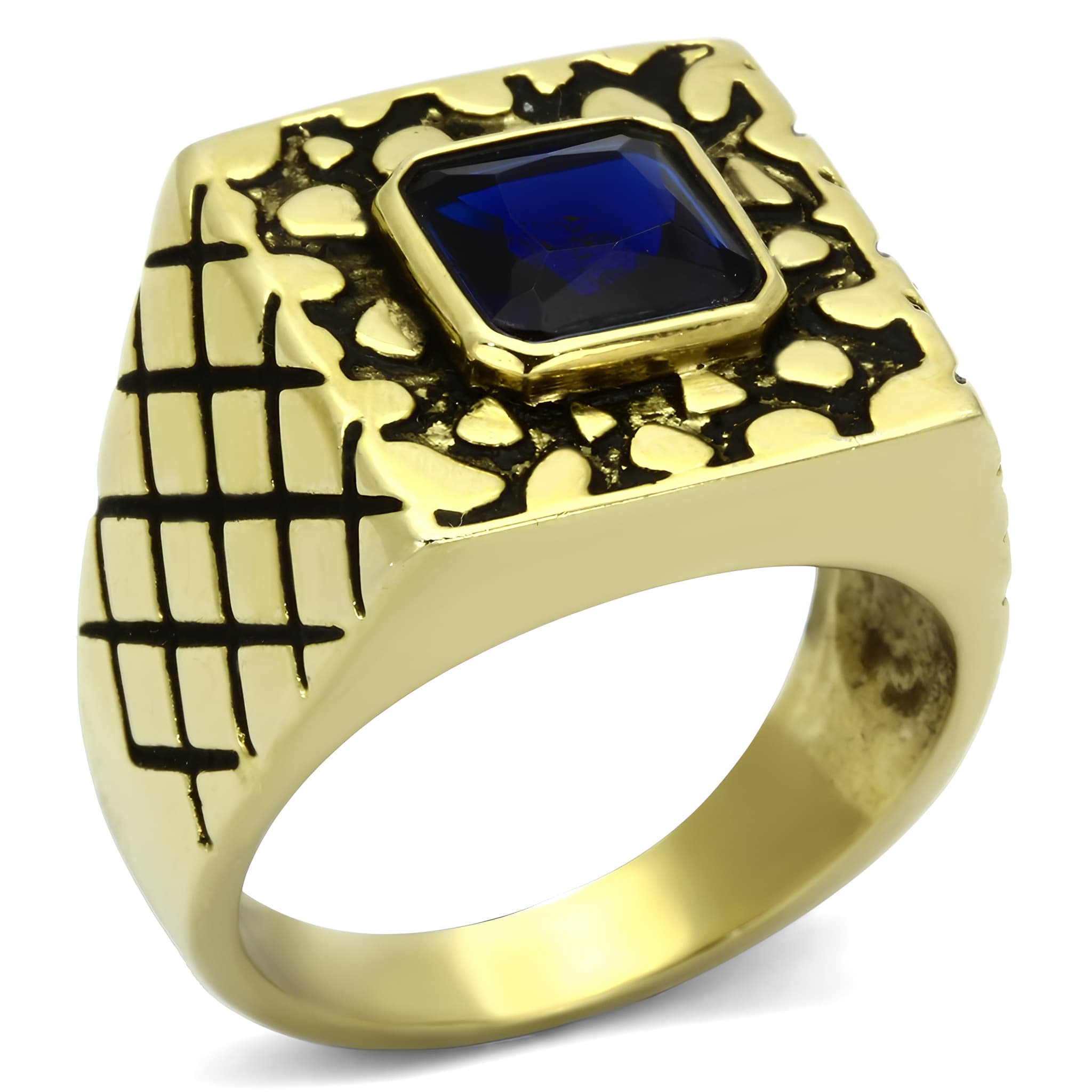 Stainless Steel Gold IP CZ Emerald Cut Sapphire Nugget Grid Ring