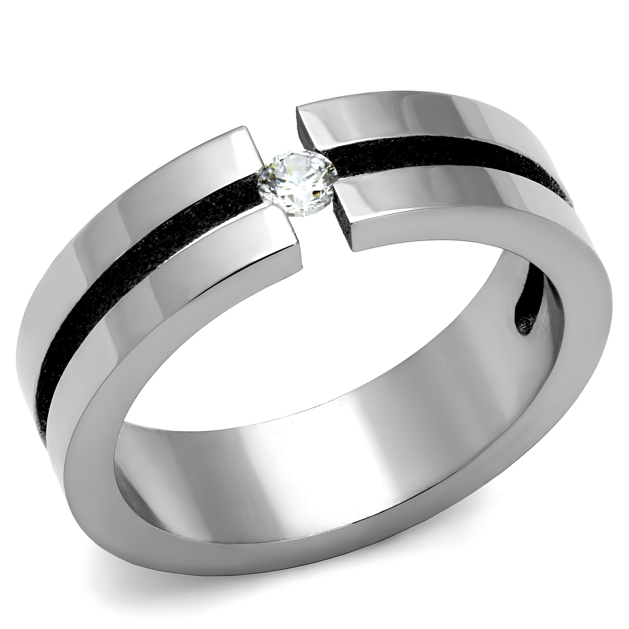 Stainless Steel CZ Tension Set Black Enamel Inlay Ring
