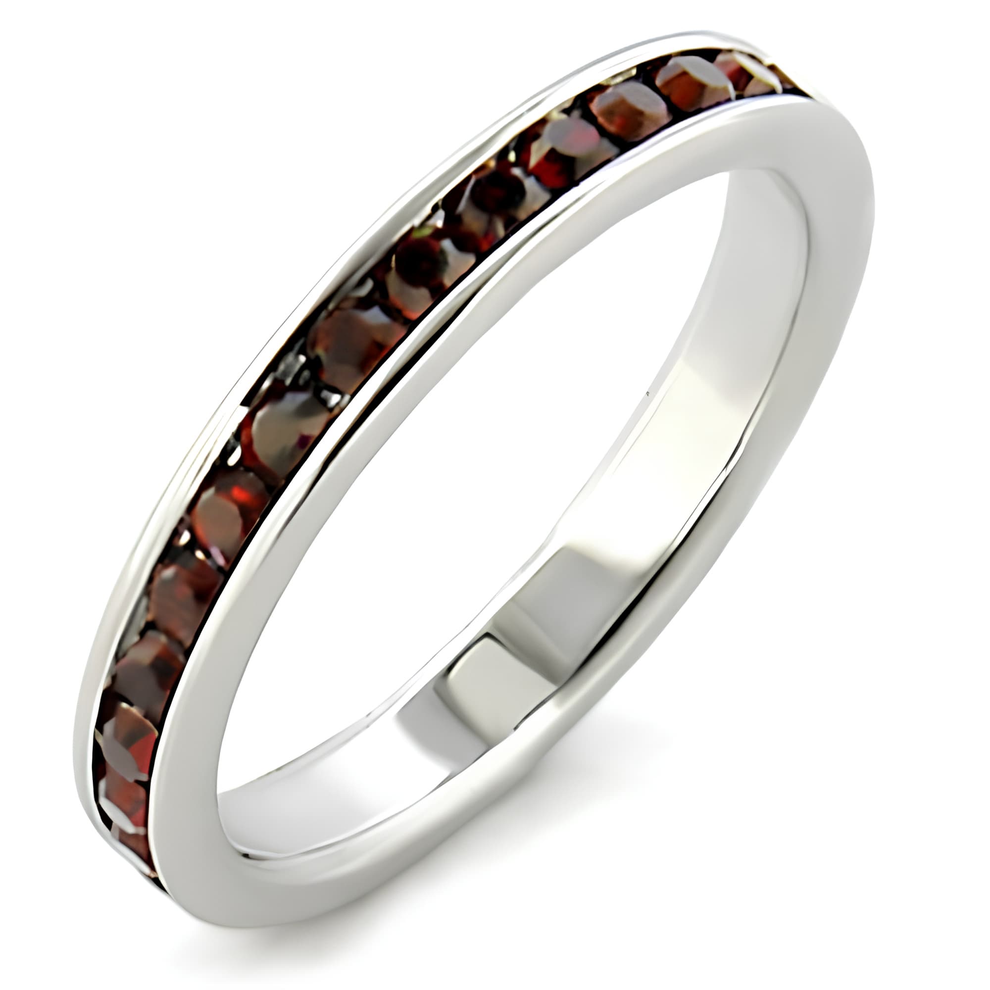 Sterling Silver Dark Red Garnet CZ Channel Eternity Band Ring