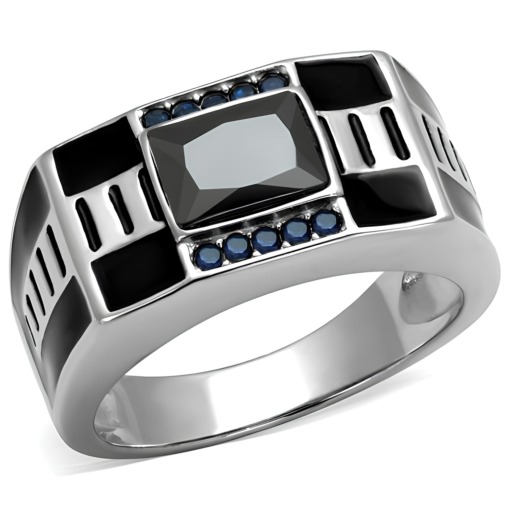 Stainless Steel Black Onyx Enamel CZ Blue Sapphire Art Deco Ring