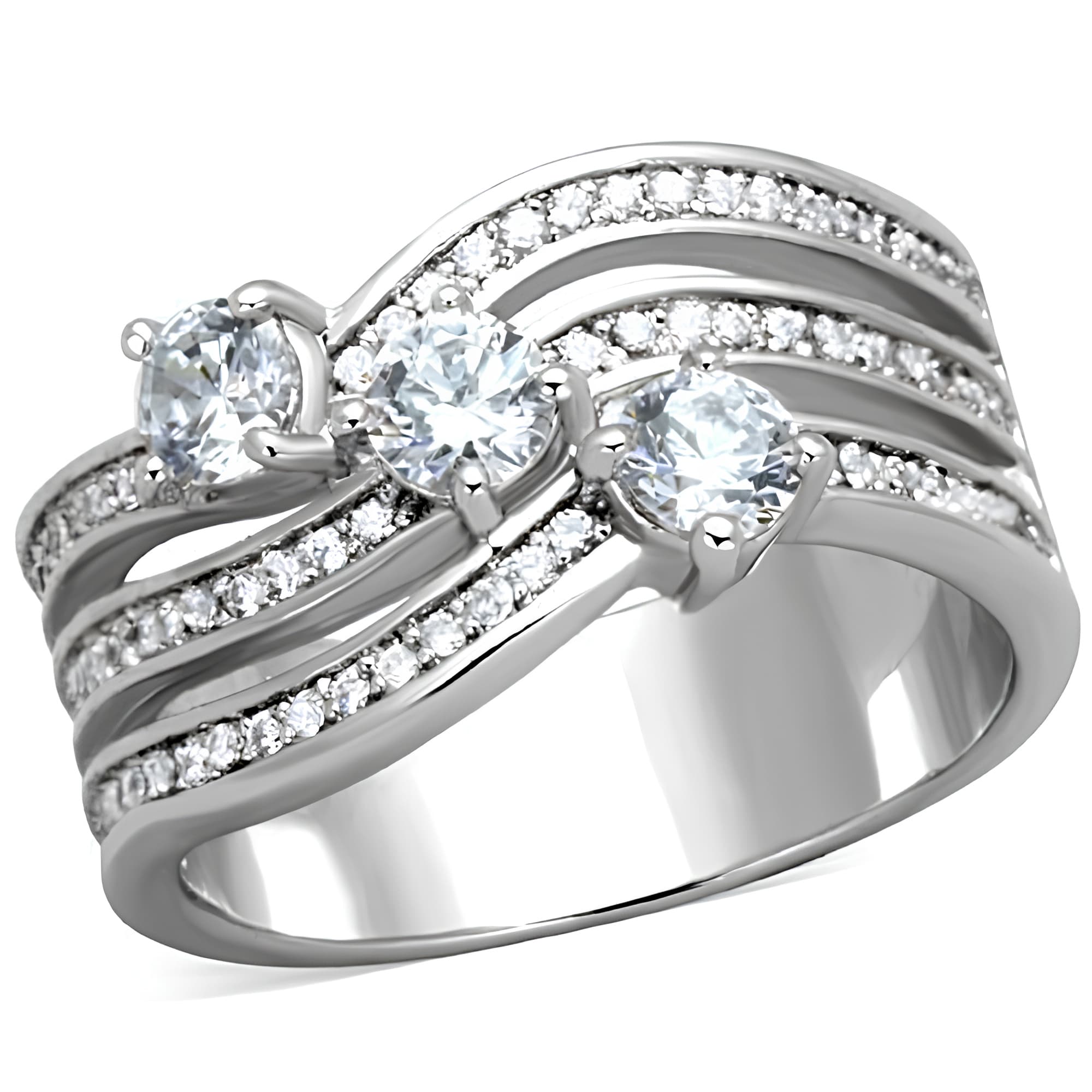 Stainless Steel CZ Round Pave Swirl Multi Band Bridal Set Ring
