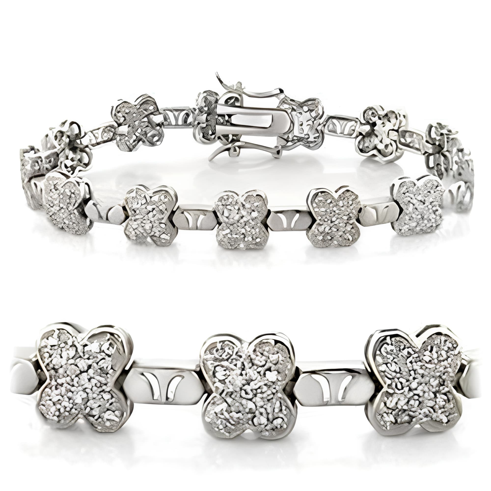 Brass Silver CZ Four Leaf Clover Link Bracelet