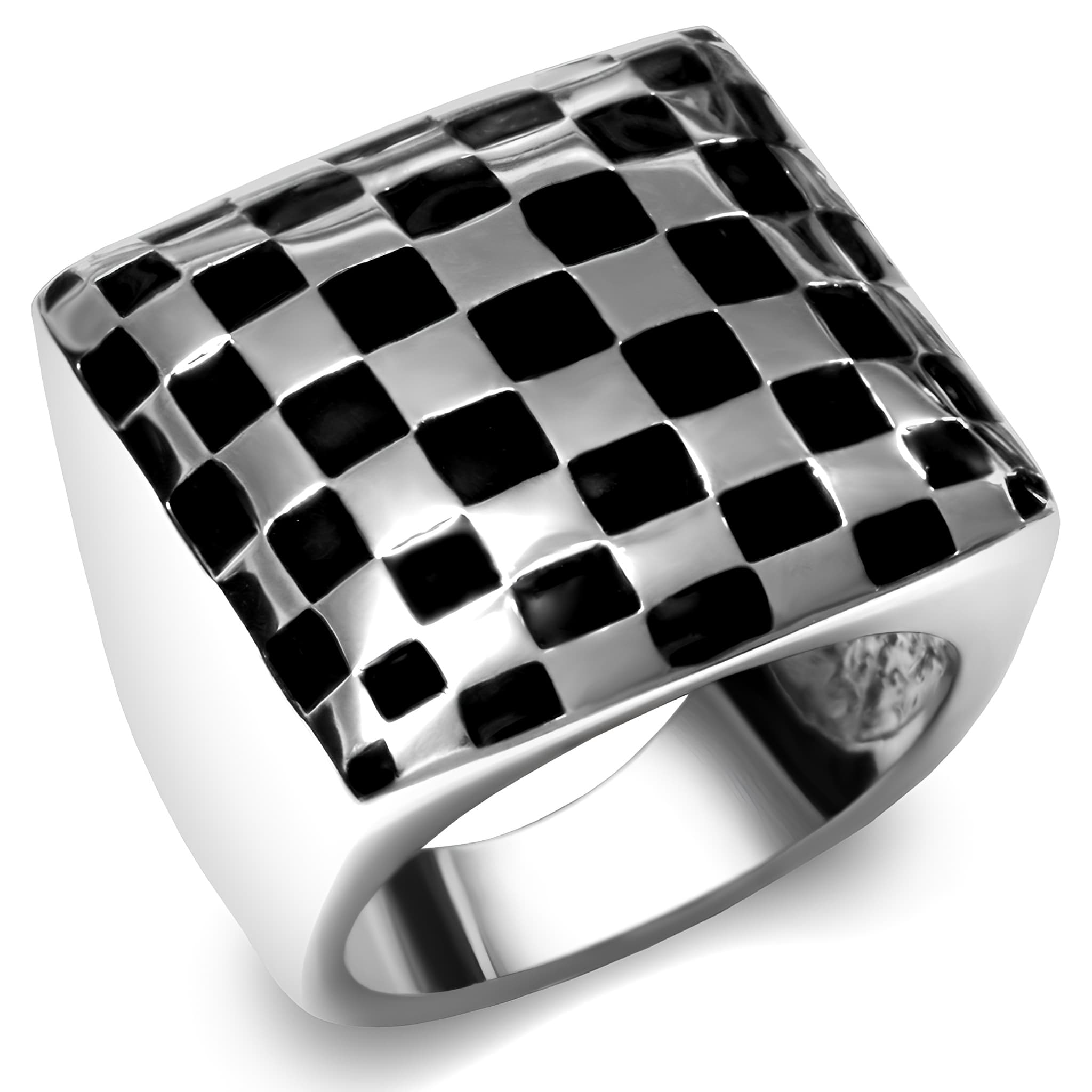 Stainless Steel Black Silver Checkerboard Square Signet Ring