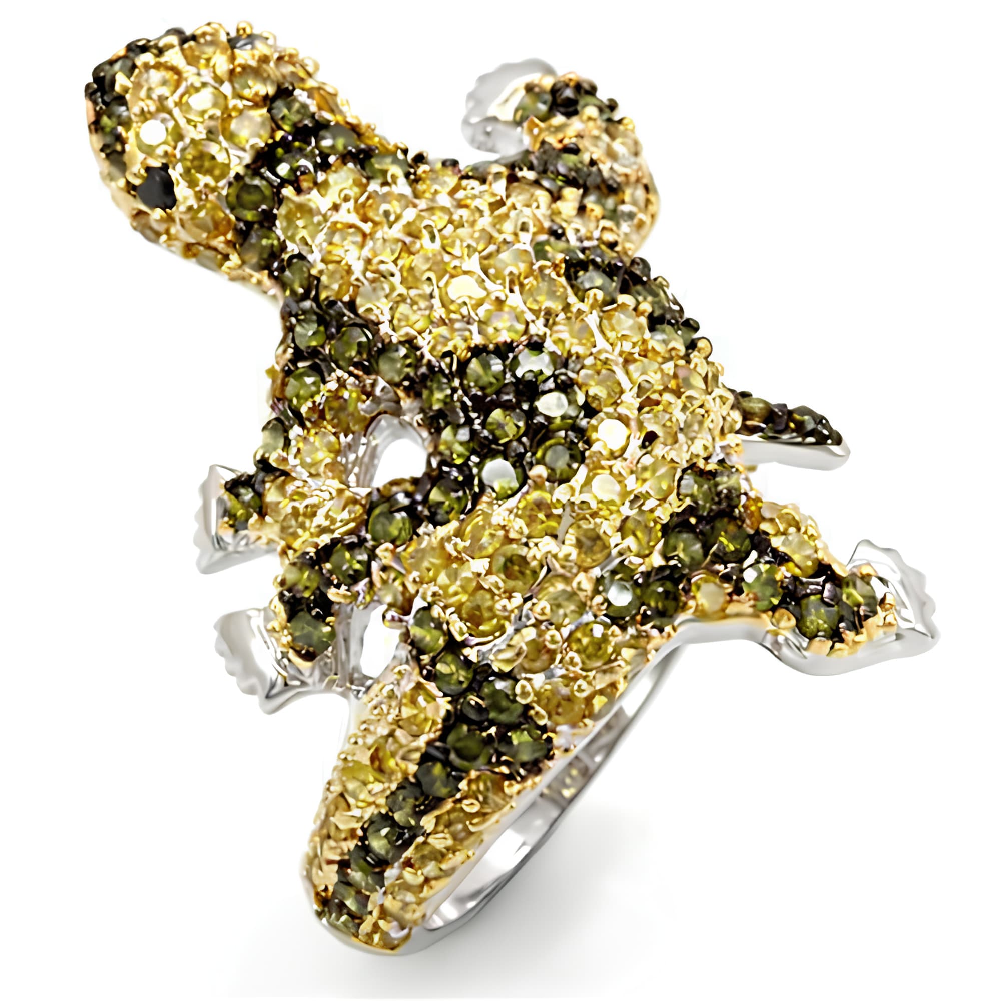 Brass Yellow Brown CZ Pave Gecko Lizard Figure Ring
