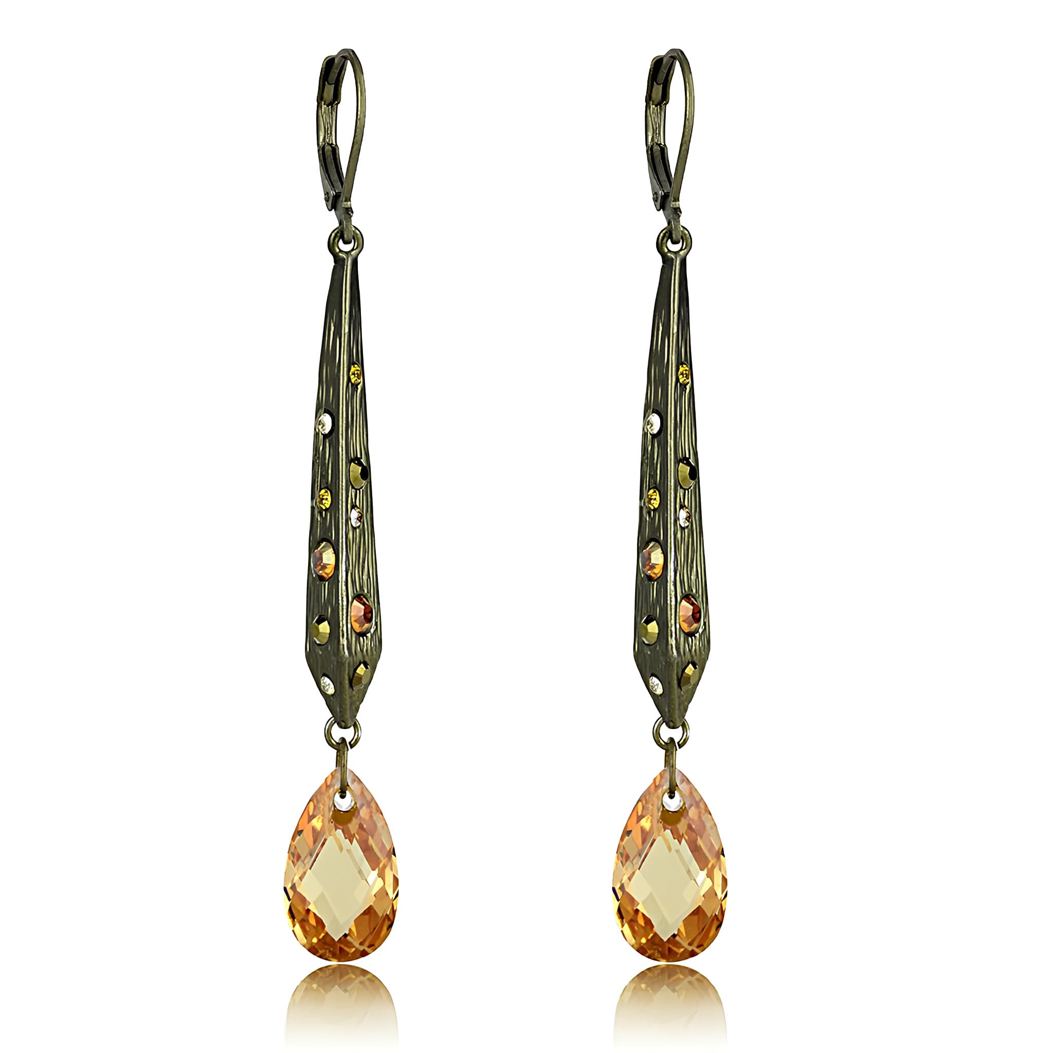 Brass Antique Gold Amber Crystal Elongated Drop Earrings