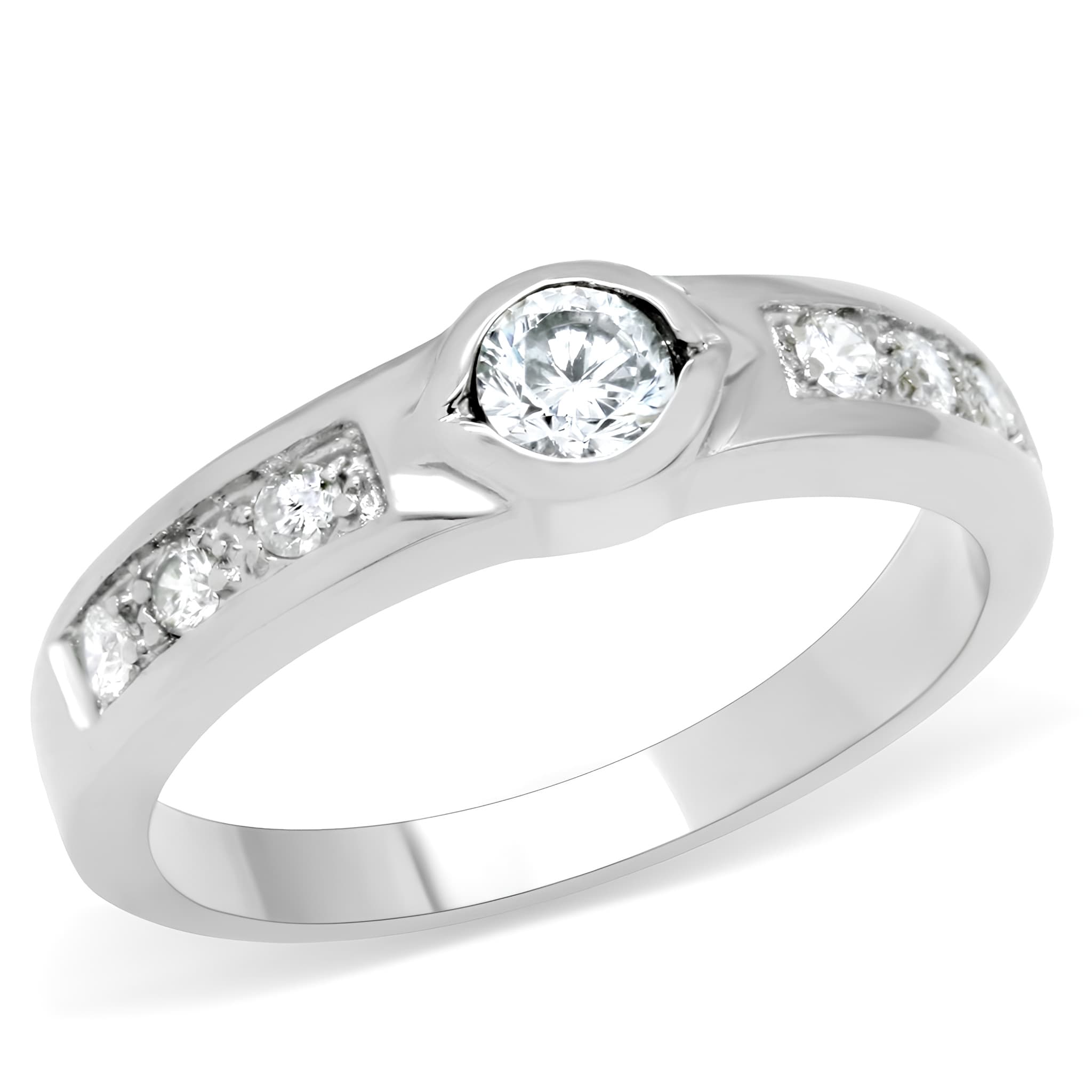 Stainless Steel CZ Round Bezel Channel Band Ring