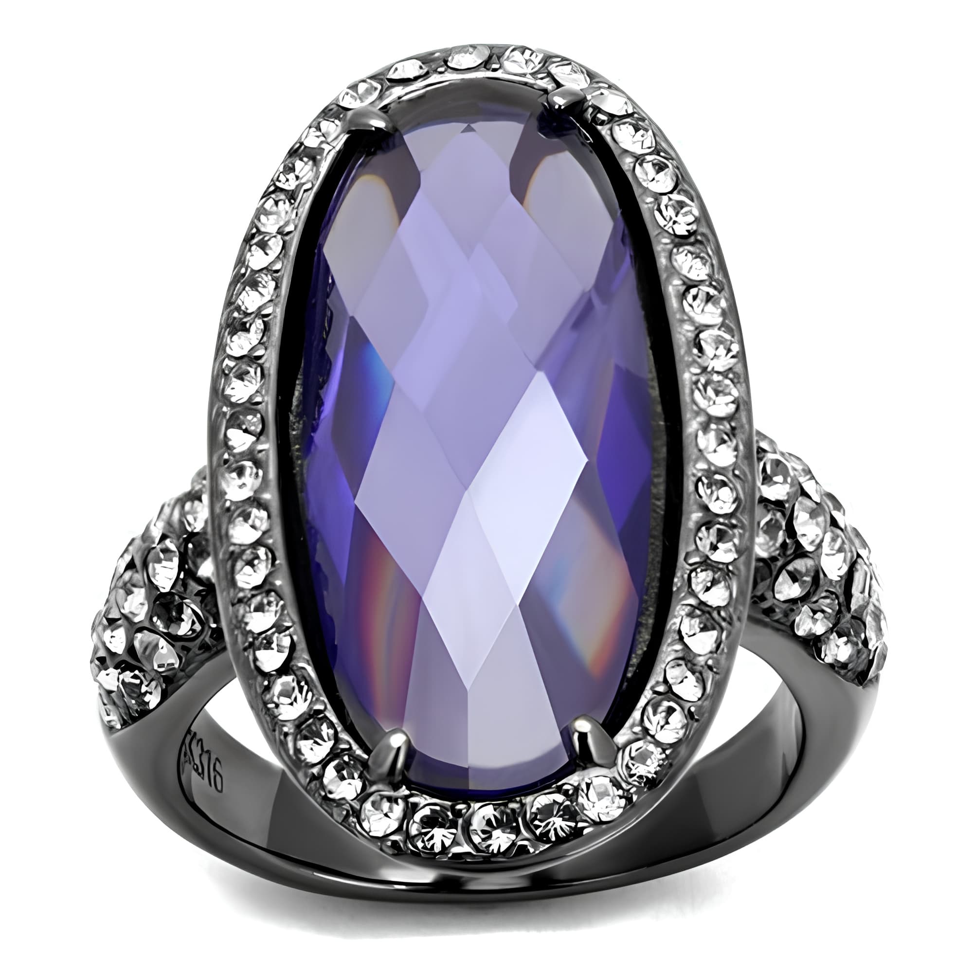 Stainless Steel Dark Gunmetal Tanzanite Purple Crystal Ring