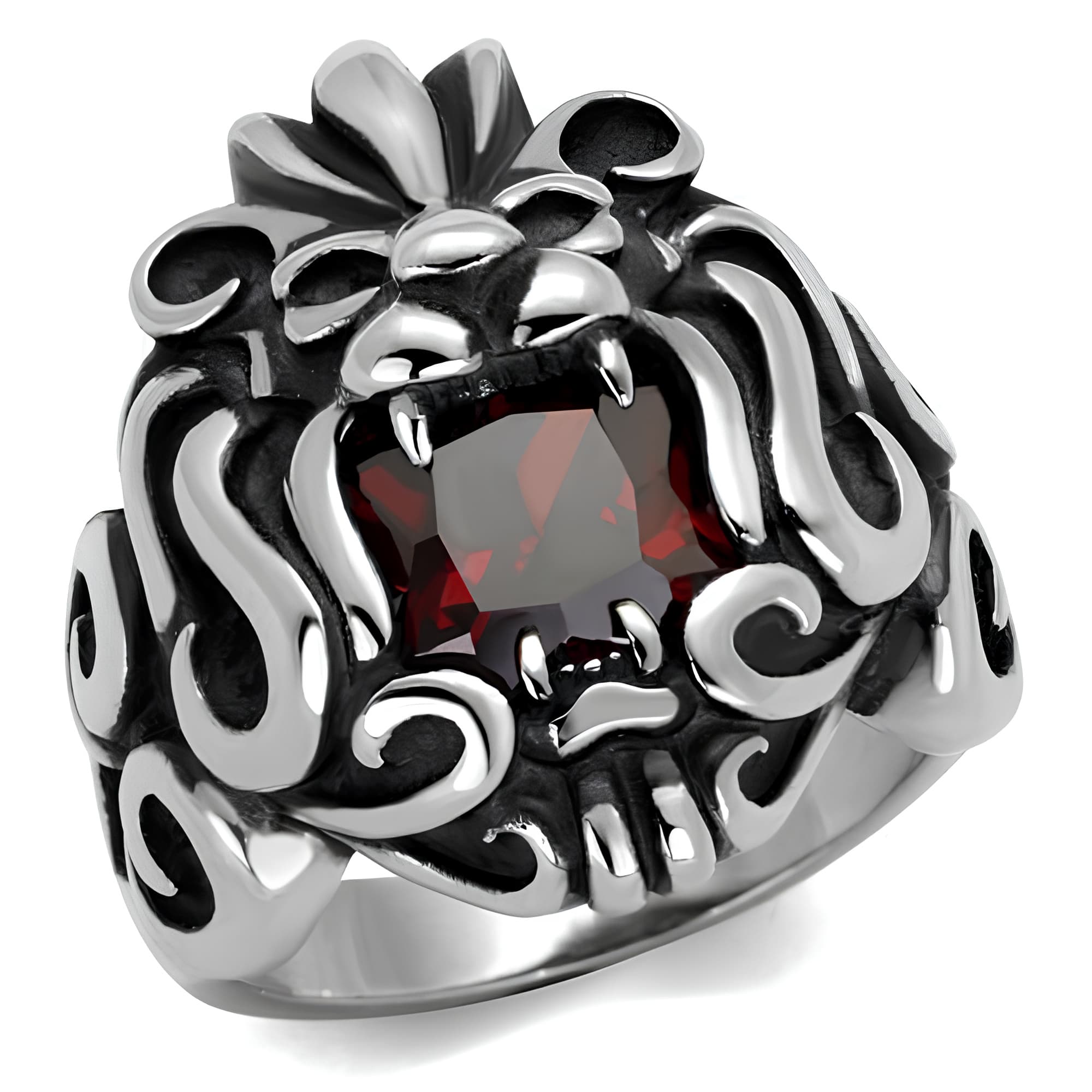 Stainless Steel Antiqued Lion Face Garnet Red CZ Ring