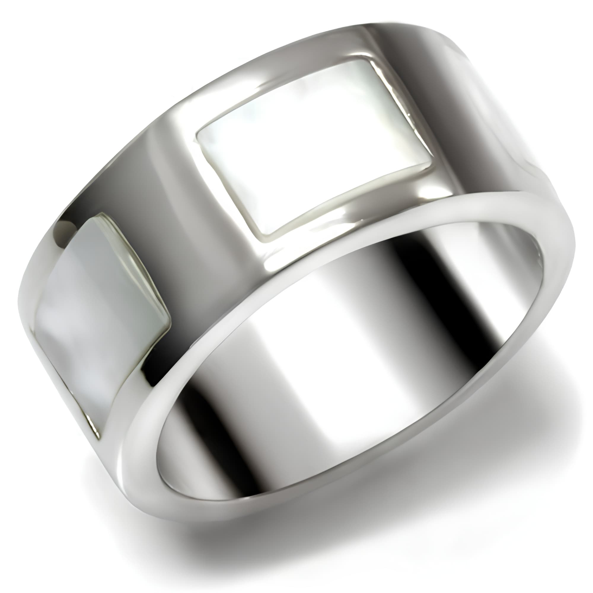 Stainless Steel Mother of Pearl Square Inlay Wide Band Ring