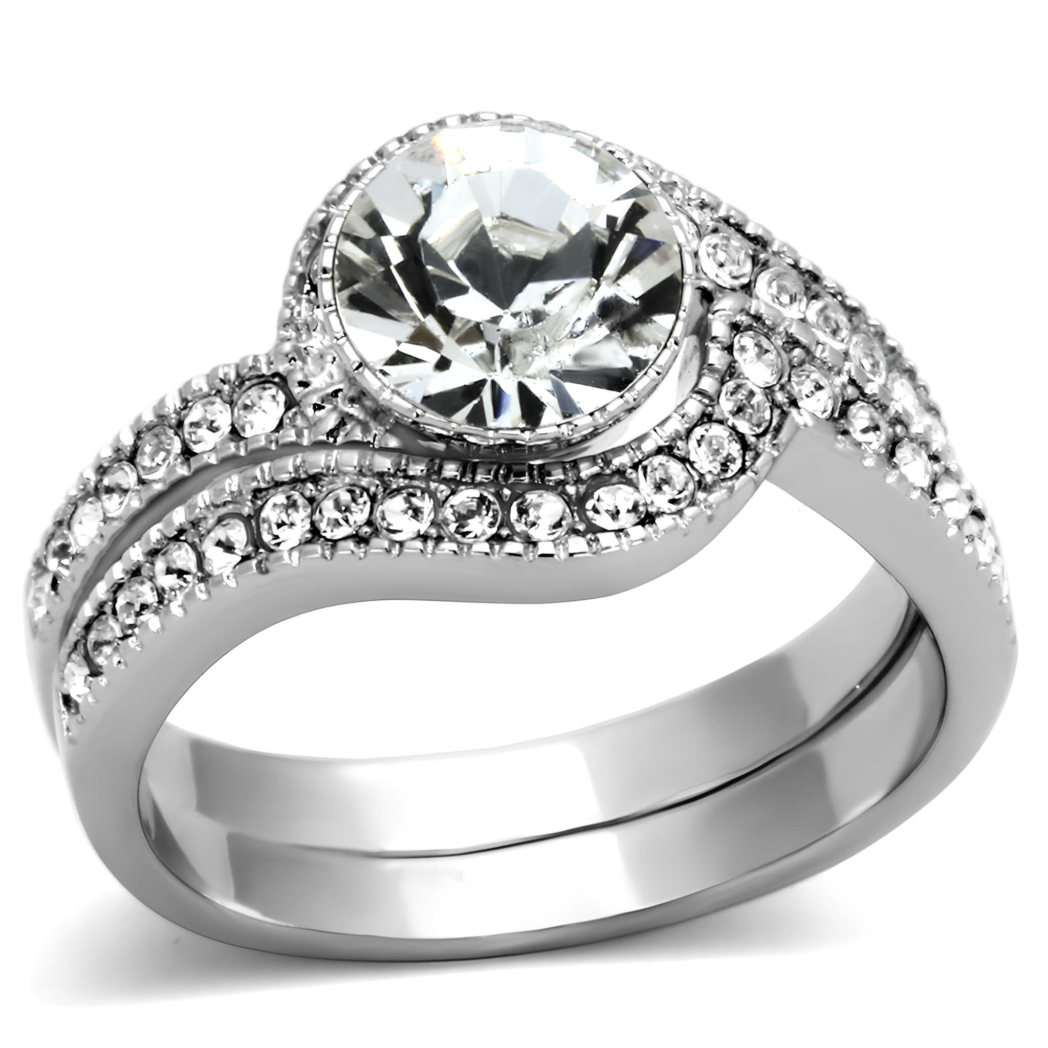Stainless Steel CZ Round Halo Pave Split Shank Bridal Set Ring