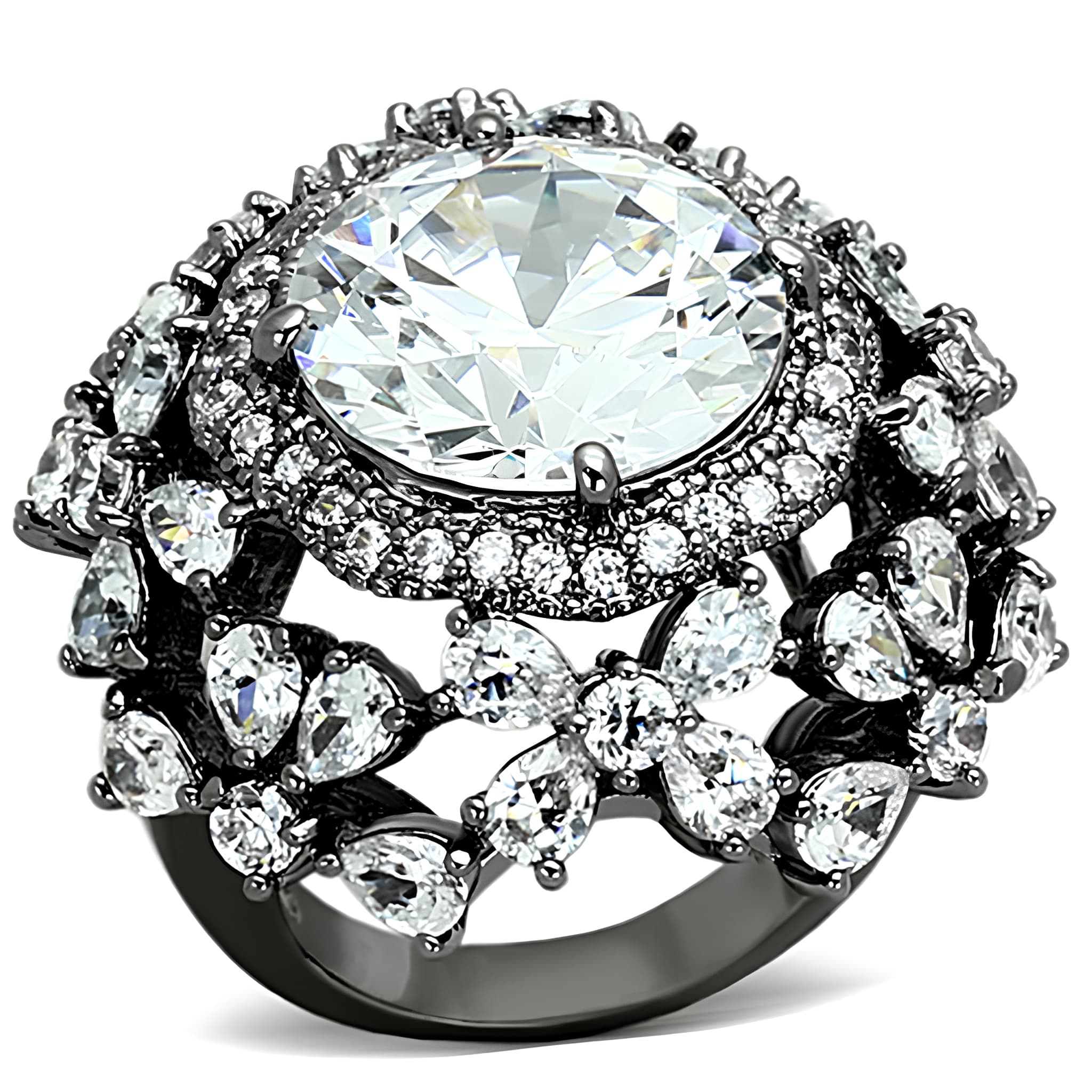 Brass Gunmetal CZ Round Halo Marquise Cluster Cocktail Ring
