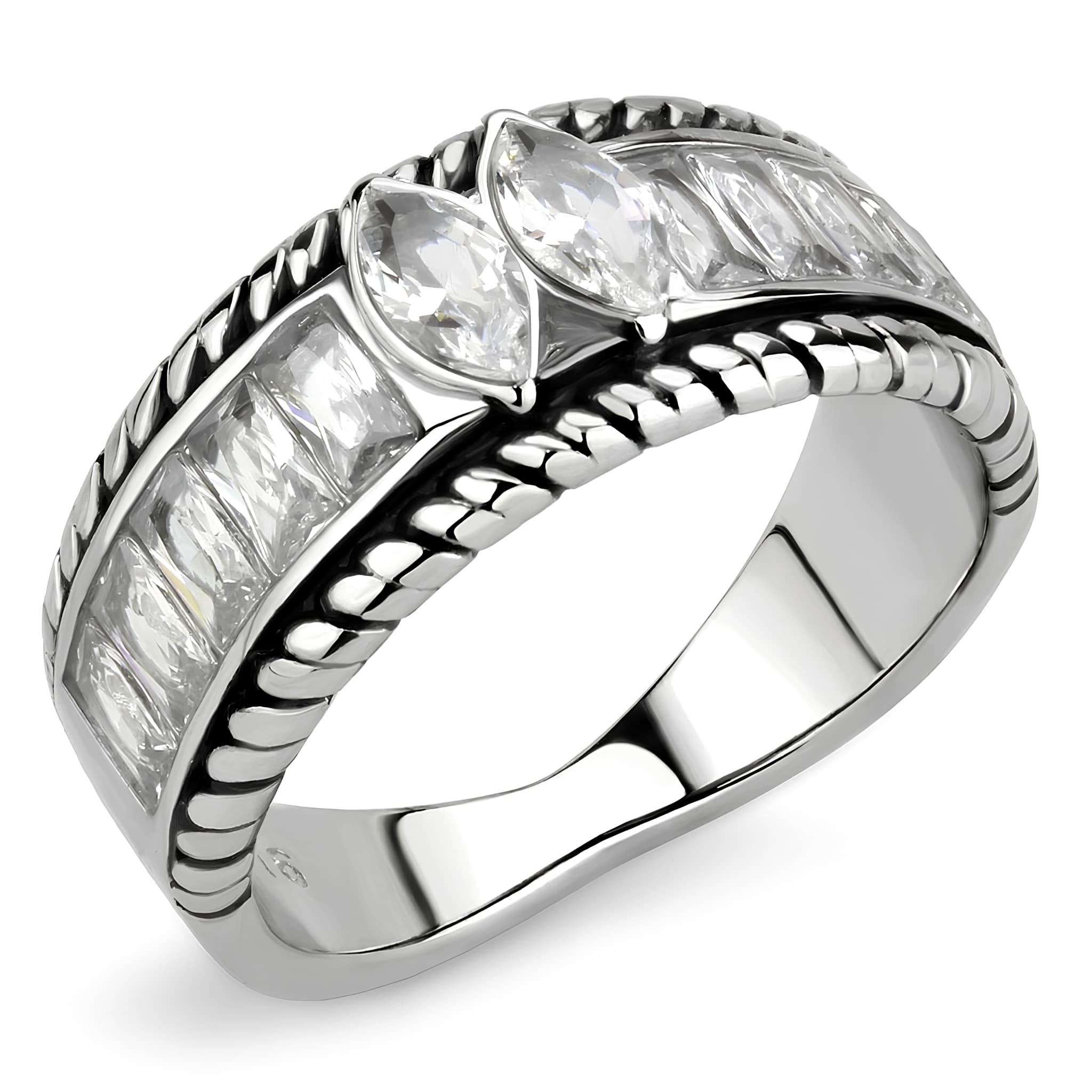 Stainless Steel Silver CZ Marquise Baguette Rope Twist Stack Ring