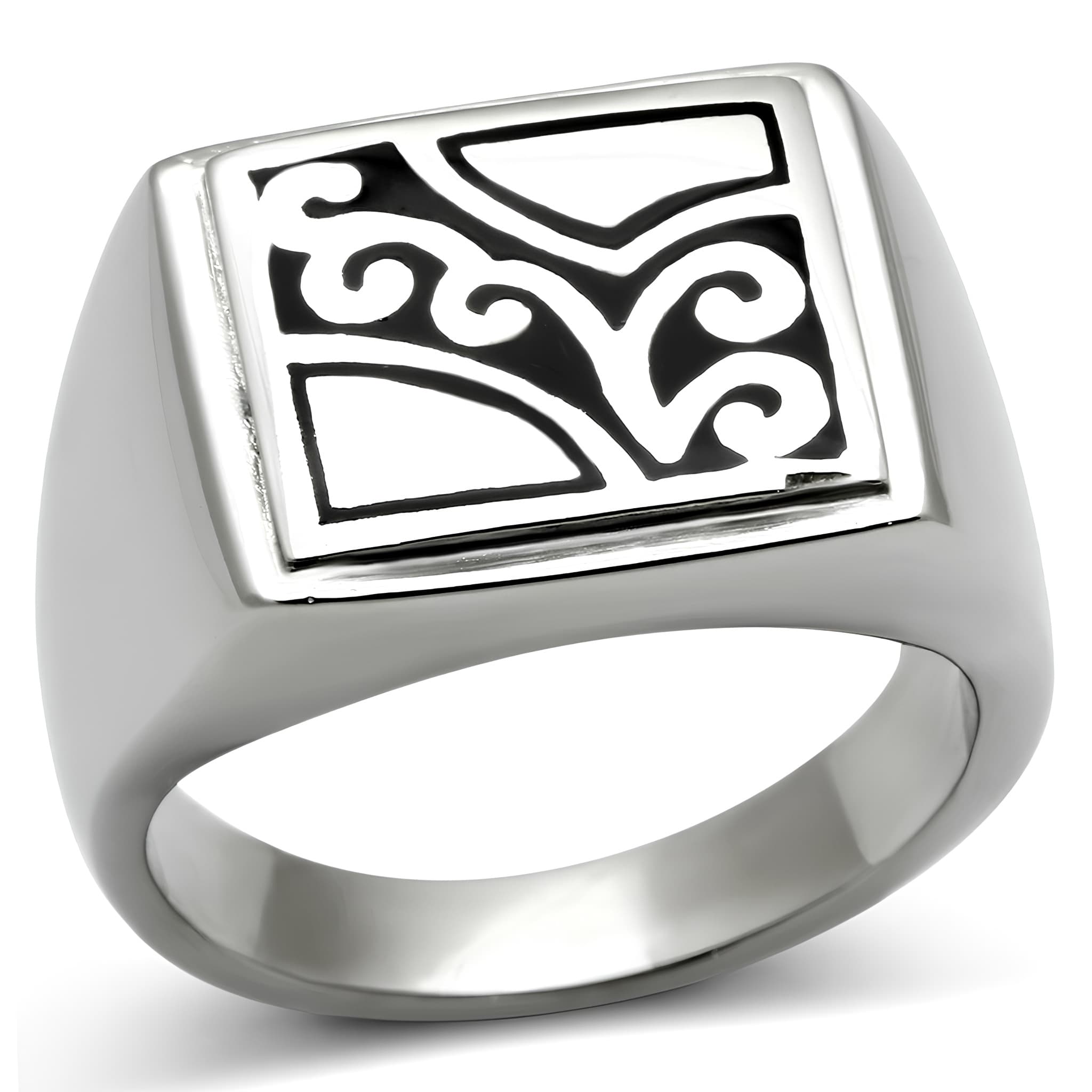 Stainless Steel Black Enamel Scroll Carved Square Mens Signet