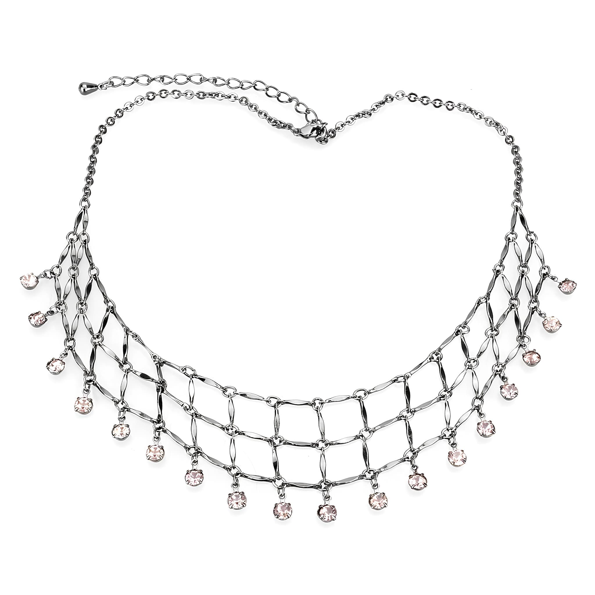 Silver Crystal Fringe Bib Choker Necklace Earrings
