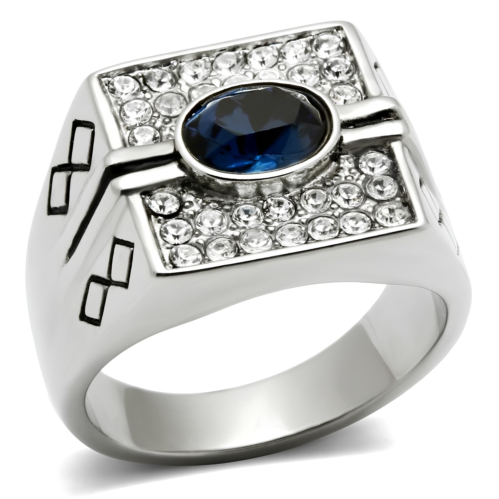 Stainless Steel Blue Stone Oval CZ Pave Mens Signet Ring