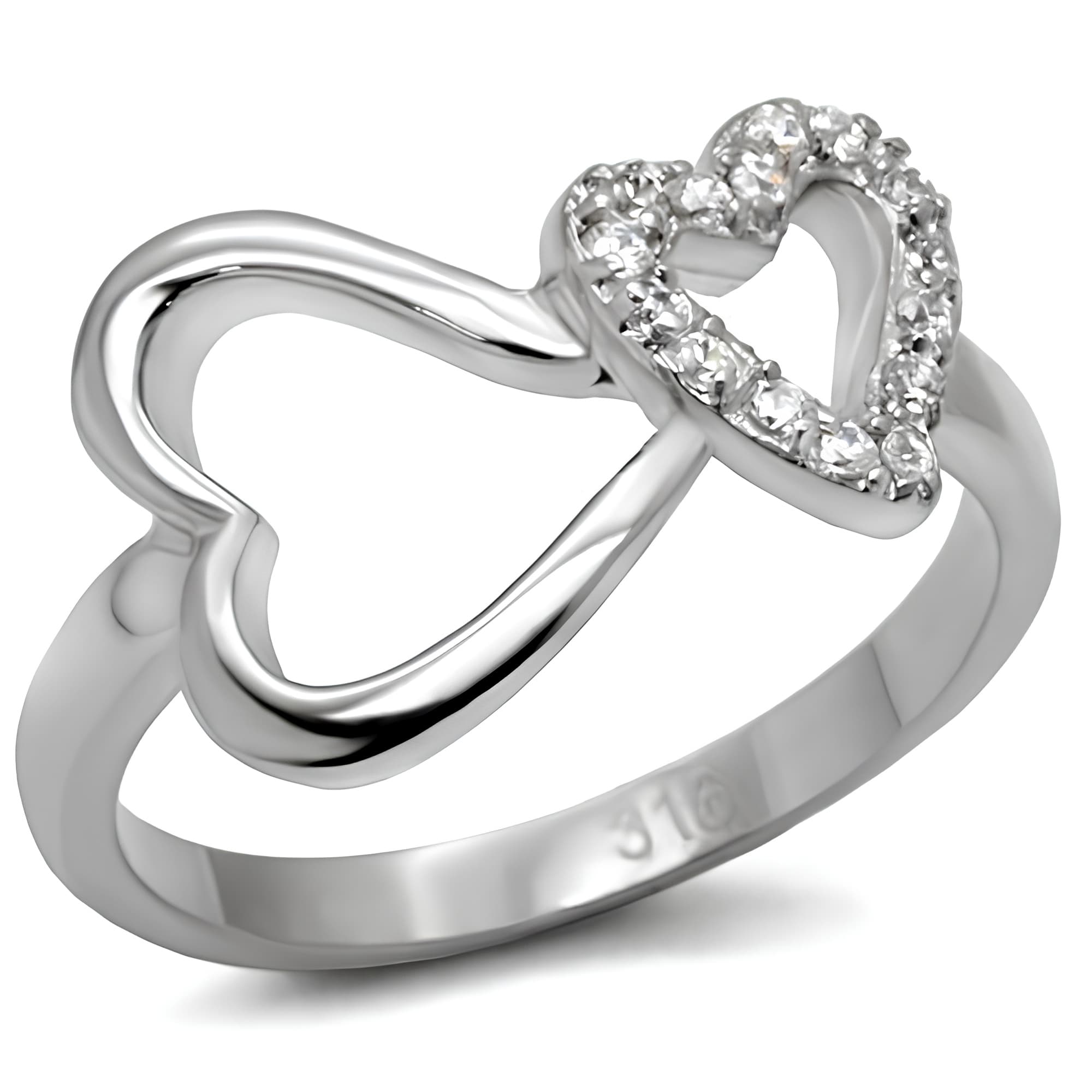 Stainless Steel CZ Pave Open Heart Ring TK077