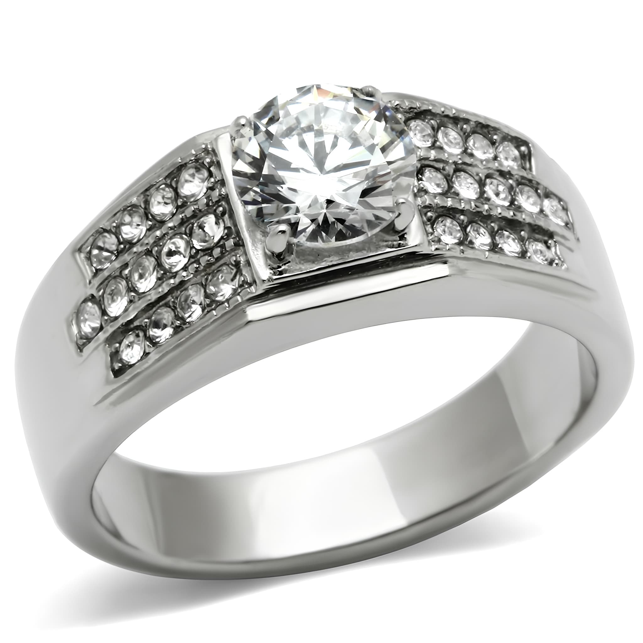 Stainless Steel CZ Round Pave Channel Wide Band Mens Ring