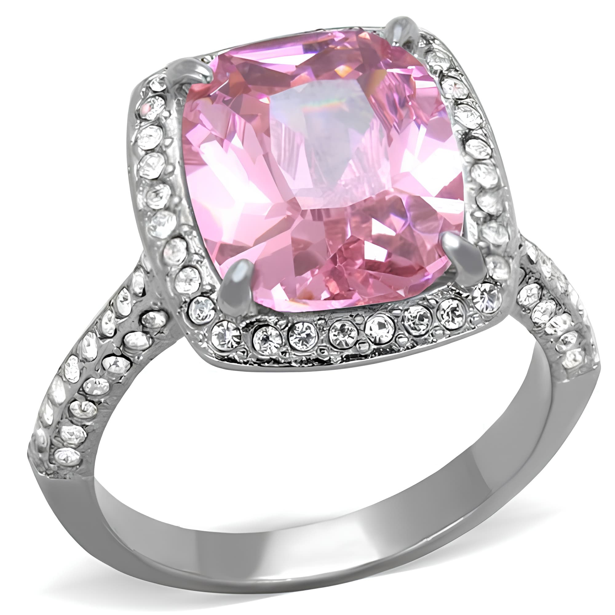 Stainless Steel Pink Cushion CZ Double Halo Pave Ring