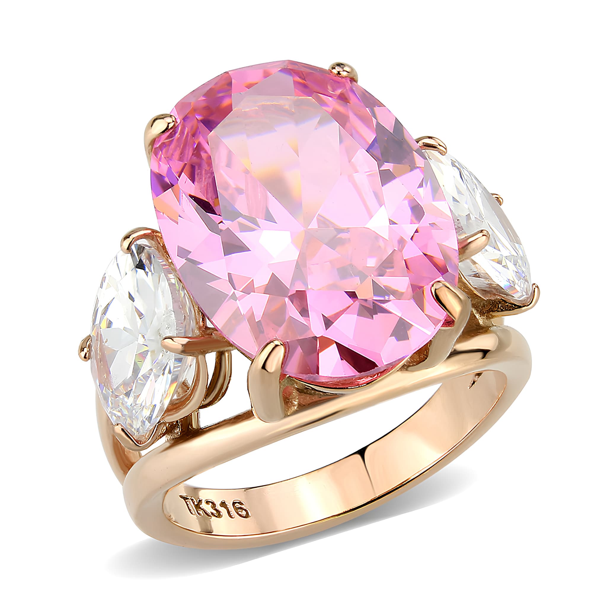 Stainless Steel Rose Gold IP Pink CZ Oval Pear Three Stone Ring