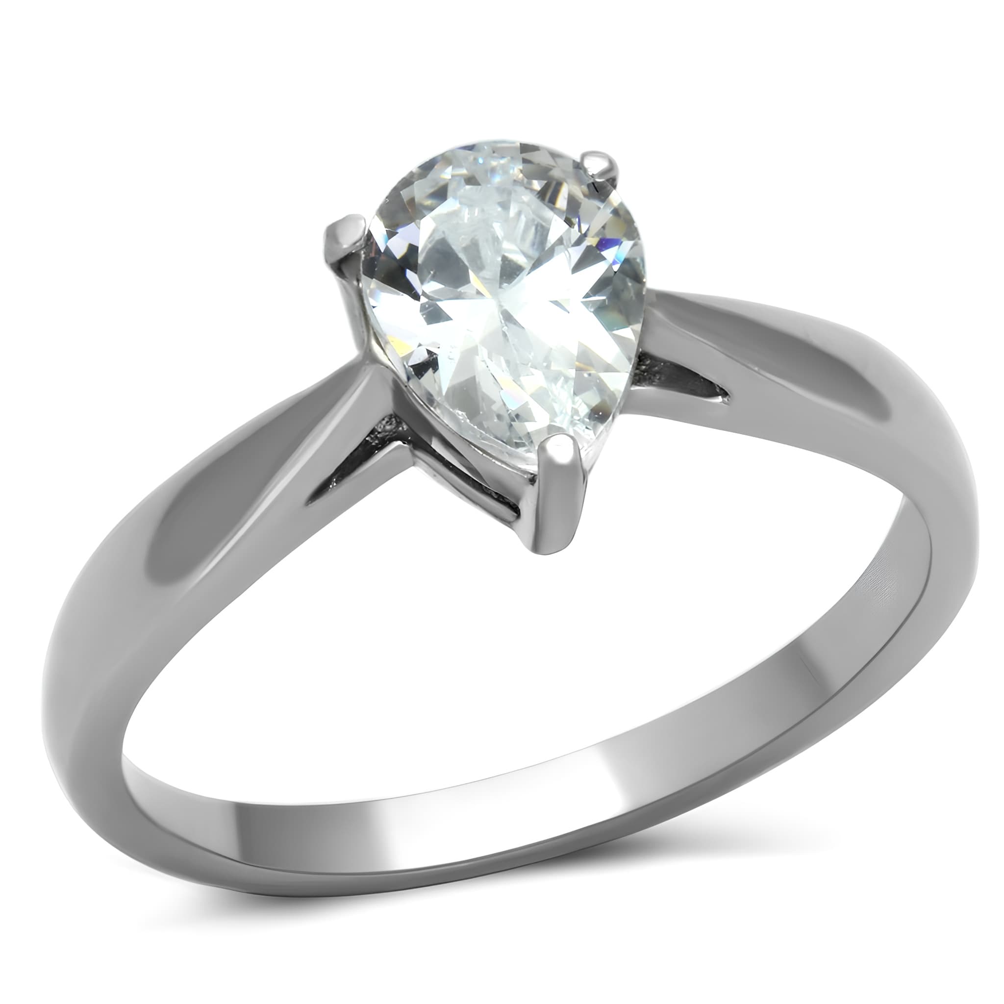 Stainless Steel Silver CZ Pear Clear Solitaire Thin Ring