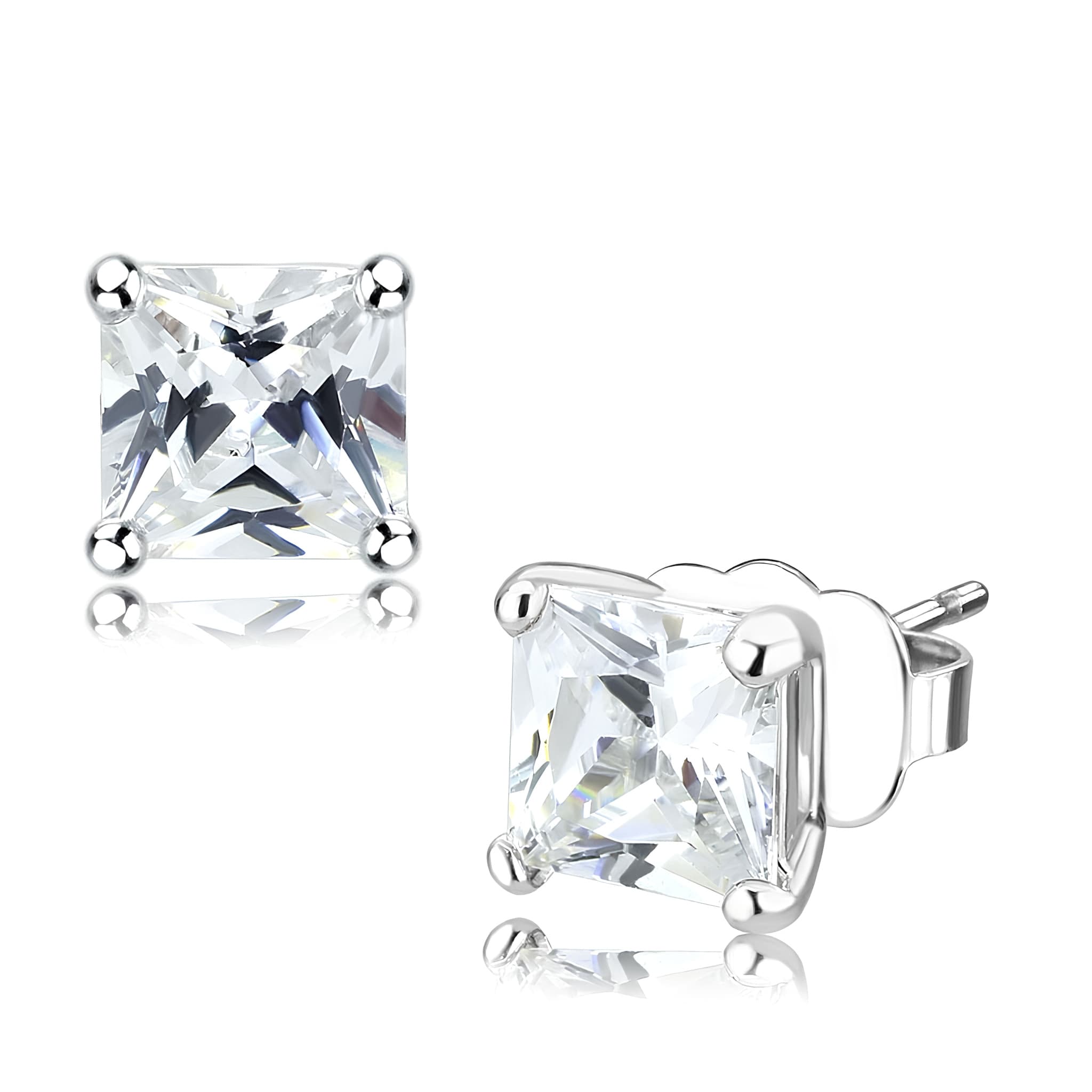 Brass Silver CZ Princess Cut Stud Earrings LO4631