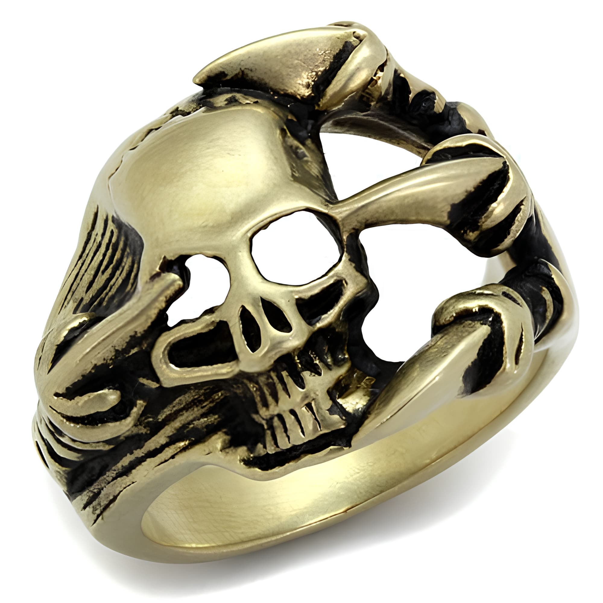 Stainless Steel Antiqued Brass Skull Axe Weapon Ring