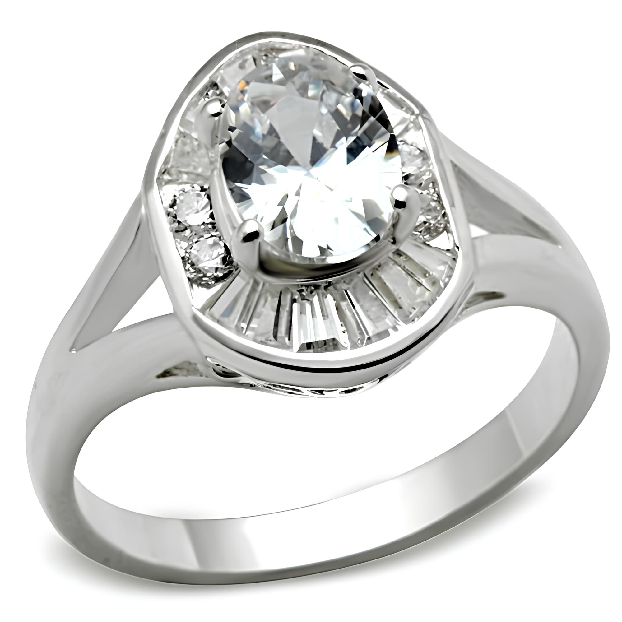 Sterling Silver CZ Oval Pave Halo Split Shank Ring